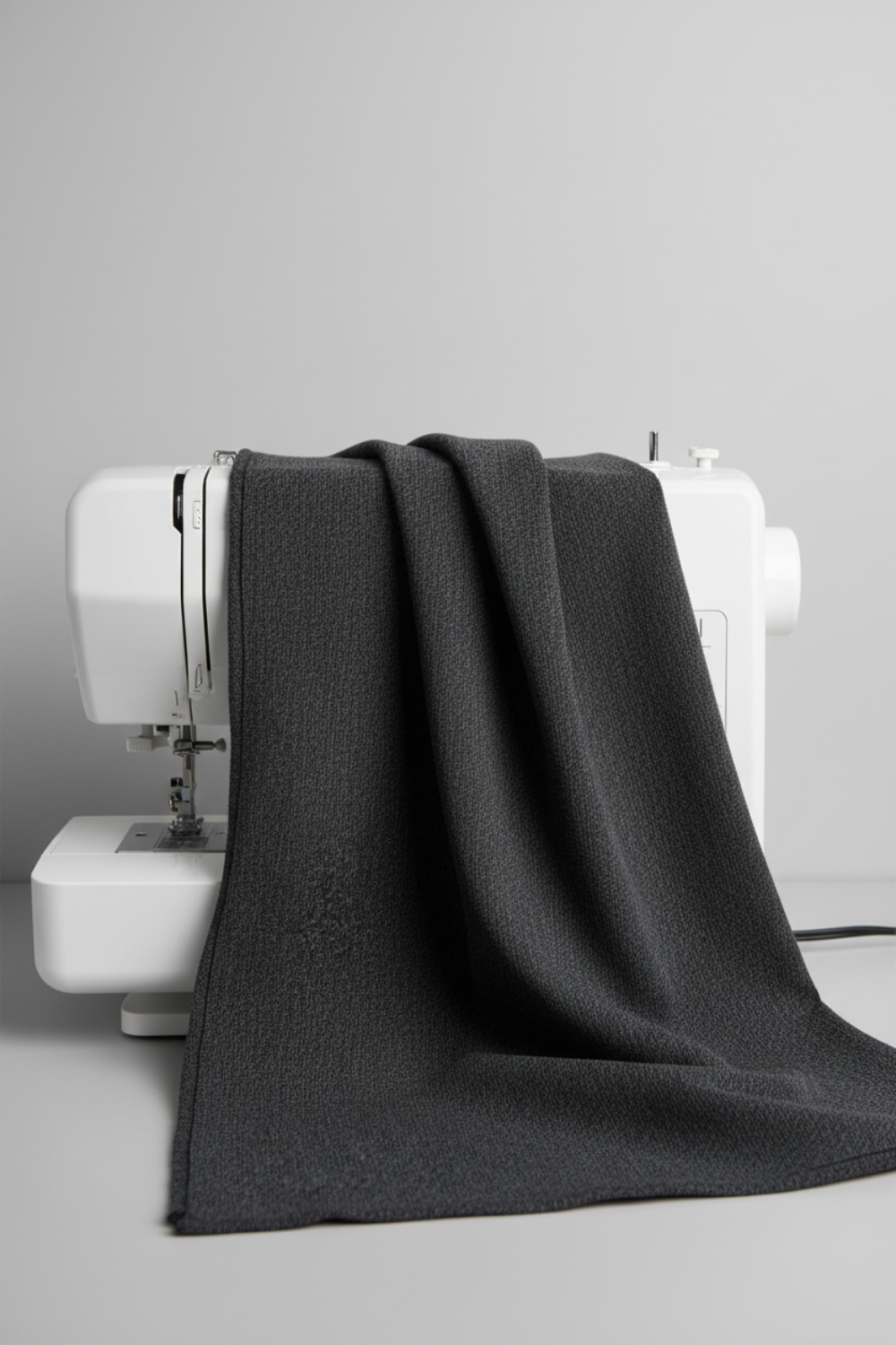 Texture Graphix Speckle Black fabric by Jason Yenter for In The Beginning Fabrics draped over a sewing machine – deep charcoal-black tonal speckled blender quilting cotton, 43–44" wide