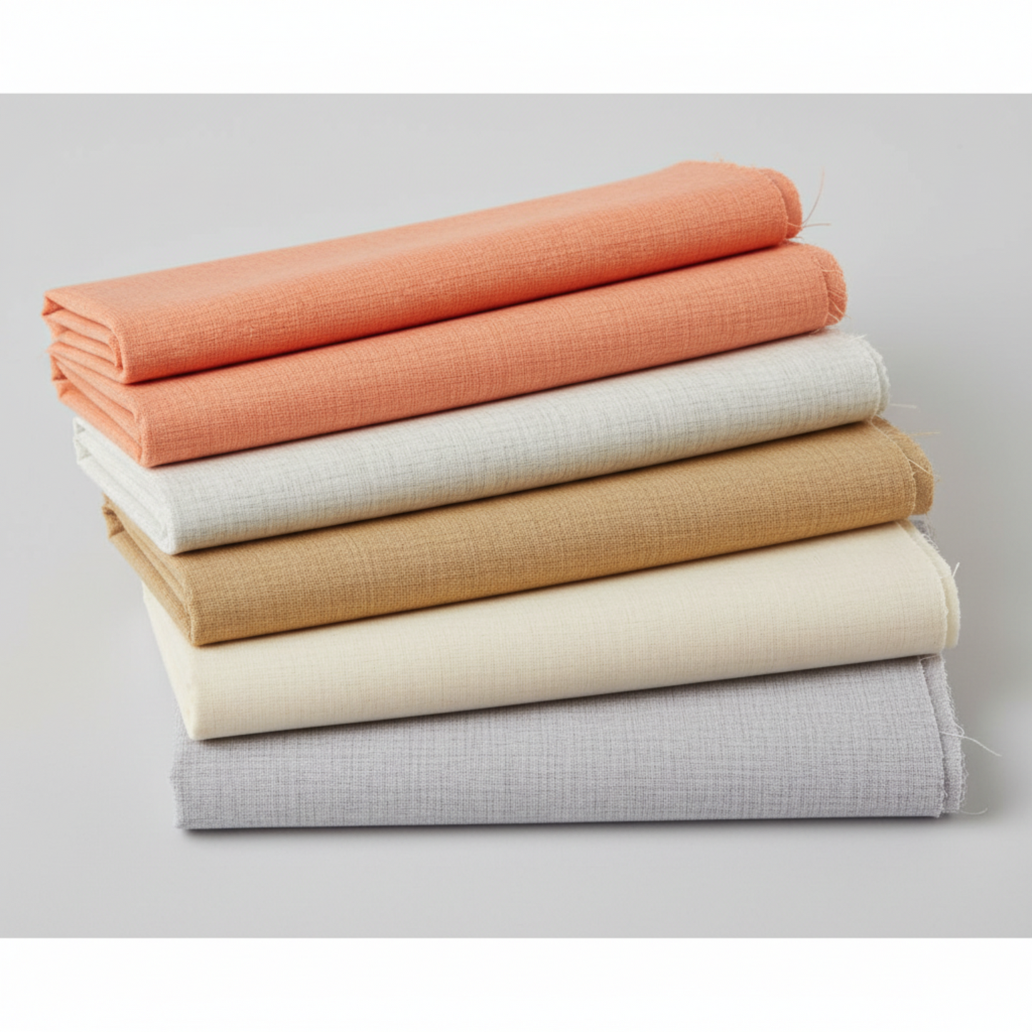 Thatched Coral quilting cotton by Robin Pickens for Moda Fabrics — coordination stack of five Thatched Basics near-solids in coral, shadow, washed linen, cream, and heather, fanned and stacked showing subtle crosshatch texture on light grey background