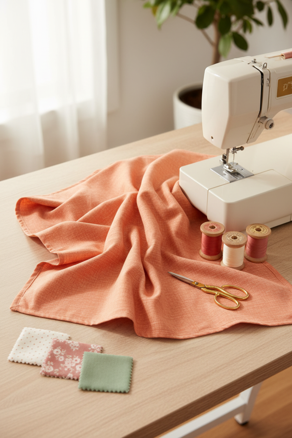 Thatched Coral quilting cotton by Robin Pickens for Moda Fabrics — styled sewing room flat lay with coral fabric alongside vintage sewing machine, coral and cream thread spools, scissors, and cream, dusty rose, and sage fabric swatches