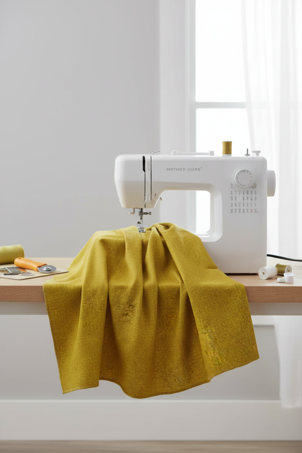 Thatched Green Cury quilting cotton fabric by Robin Pickens for Moda Fabrics draped over a sewing machine in a clean quilting studio with soft natural folds. Coordinating fabrics and quilt patterns are available at IraRobi Quilts.