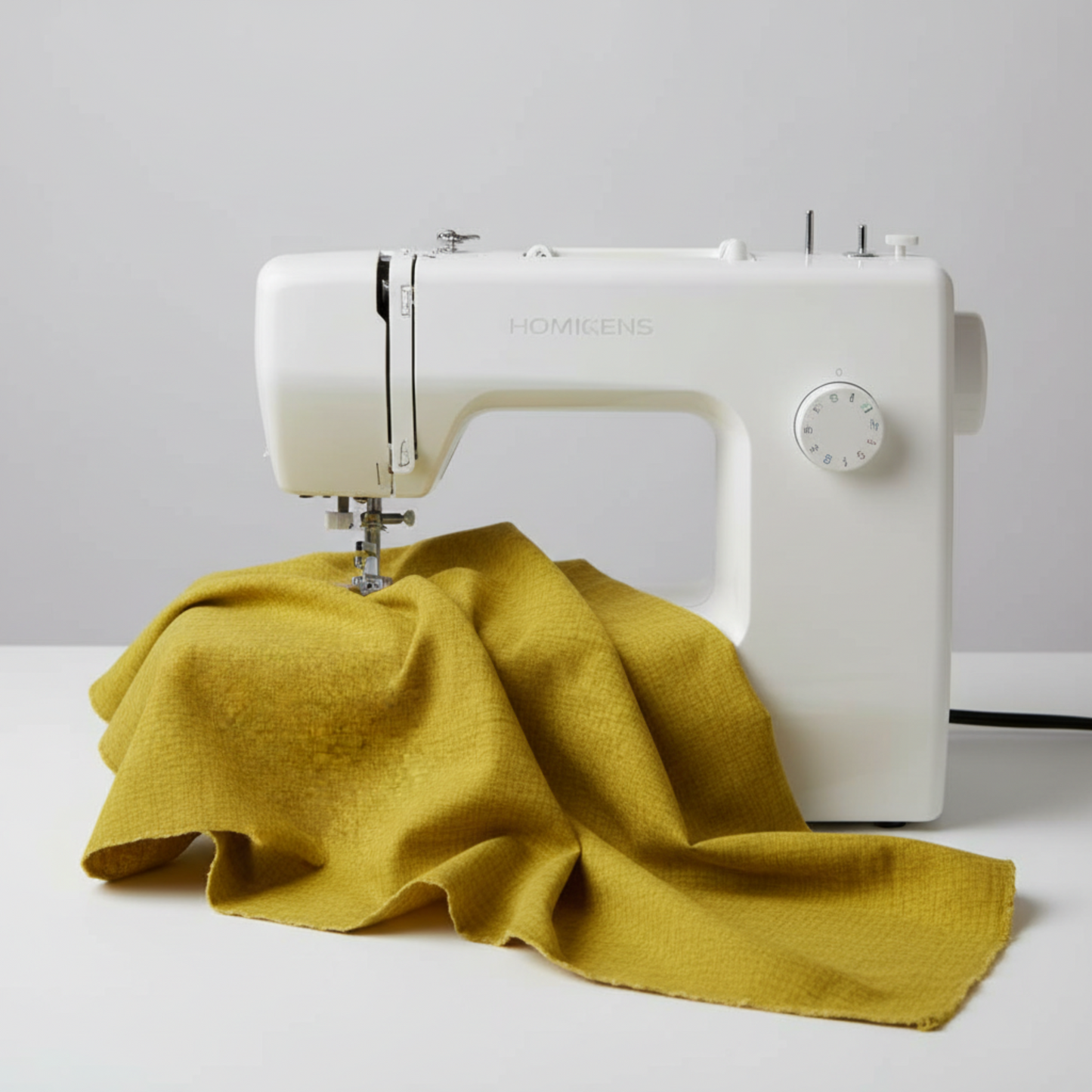 Thatched Green Cury quilting cotton fabric by Robin Pickens for Moda Fabrics draped over a sewing machine with soft natural folds showing the golden olive-curry tonal crosshatch texture. Coordinating fabrics and quilt patterns are available at IraRobi Quilts.
