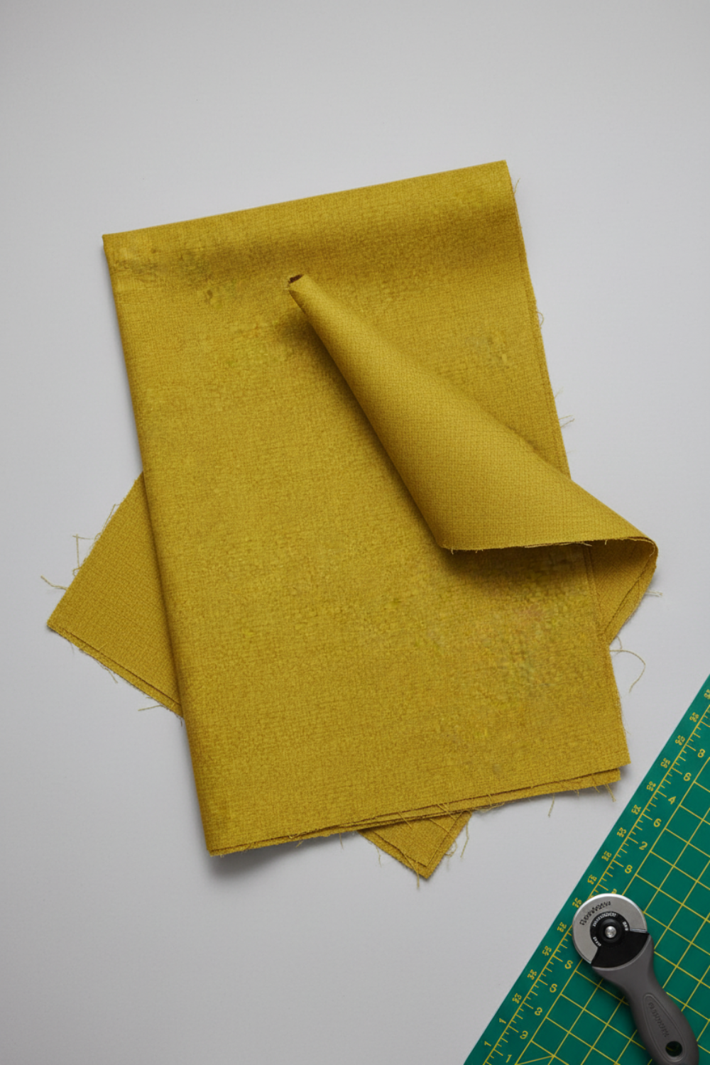 Thatched Green Cury fabric by Robin Pickens for Moda Fabrics styled in a modern quilting studio with a cutting mat and rotary cutter showing the golden olive-curry tonal crosshatch texture. Coordinating fabrics and quilt patterns are available at IraRobi Quilts.