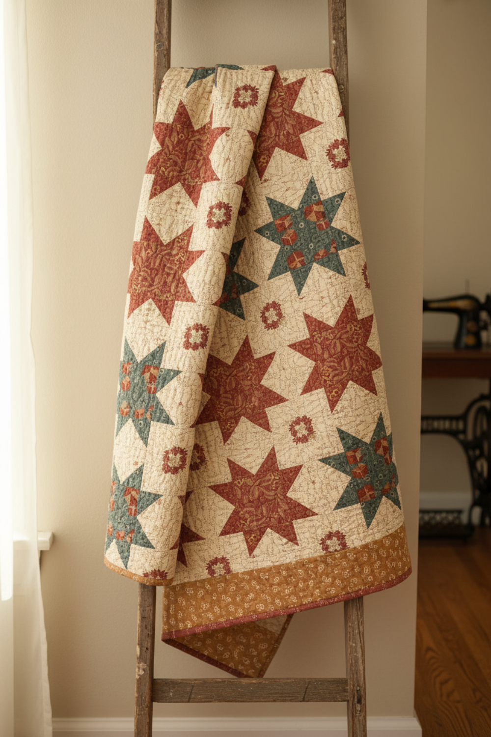 Traditional folk-art quilt featuring The Fox Homestead fabrics by Stacy West for Henry Glass — slate green tumbling cubes, cream daisy clusters, rust leaves and berries, and sand paisley swirl quilting cottons