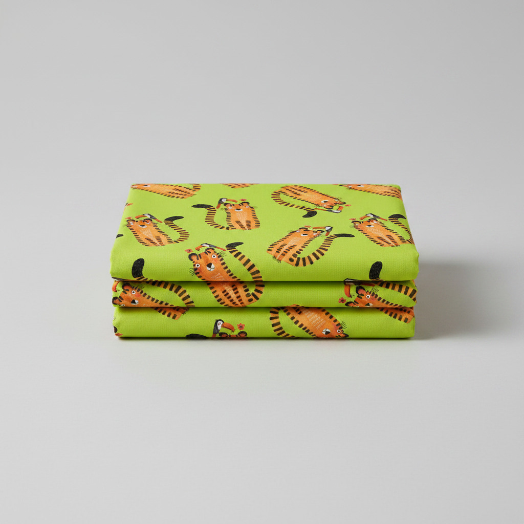 Safari Fun Tiger Too Lime by Terry Runyan for Benartex — neatly folded fabric stack showing tossed illustrated tiger print on bright lime green quilting cotton, light grey background