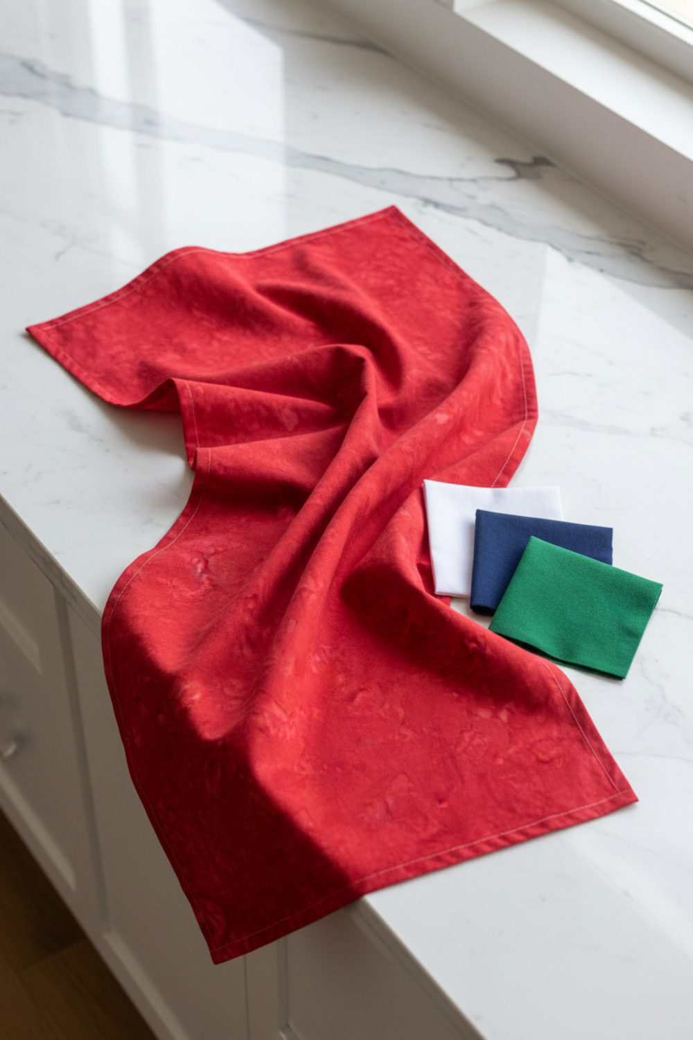 Expressions Batiks Hand-Dyes Tomato Red fabric by Riley Blake Designs draped in soft flowing folds on a white marble surface with coordinating crisp white, navy blue, and forest green tonal fabric pieces nearby – bold vivid tomato red tonal hand-dyed batik with subtle lighter rose highlights and deeper crimson organic mottled variation, a striking warm focal blender perfect for warm-toned, patriotic, and holiday quilts, 100% cotton batik