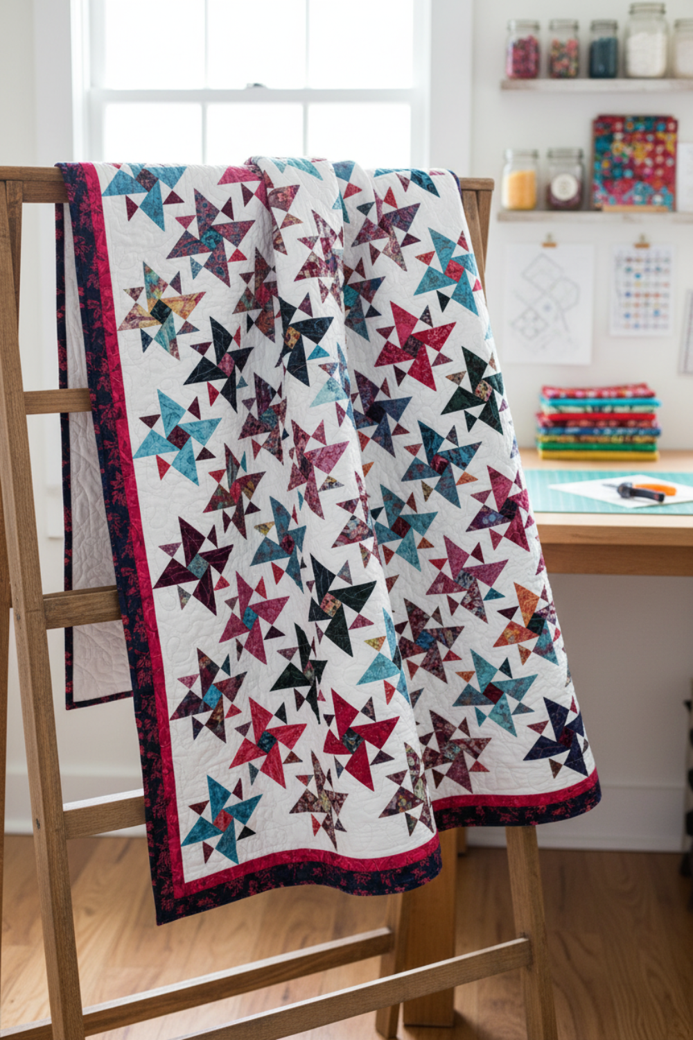 Triangles Galore quilt pattern DTTP102 by Sarah Furrer for Studio 180 Design — scrappy spinning triangle blocks in multicolor batiks on white background with raspberry and navy borders — fat quarter friendly in crib, lap, twin, and full sizes — uses Tucker Trimmer III tool — Studio180Design.net