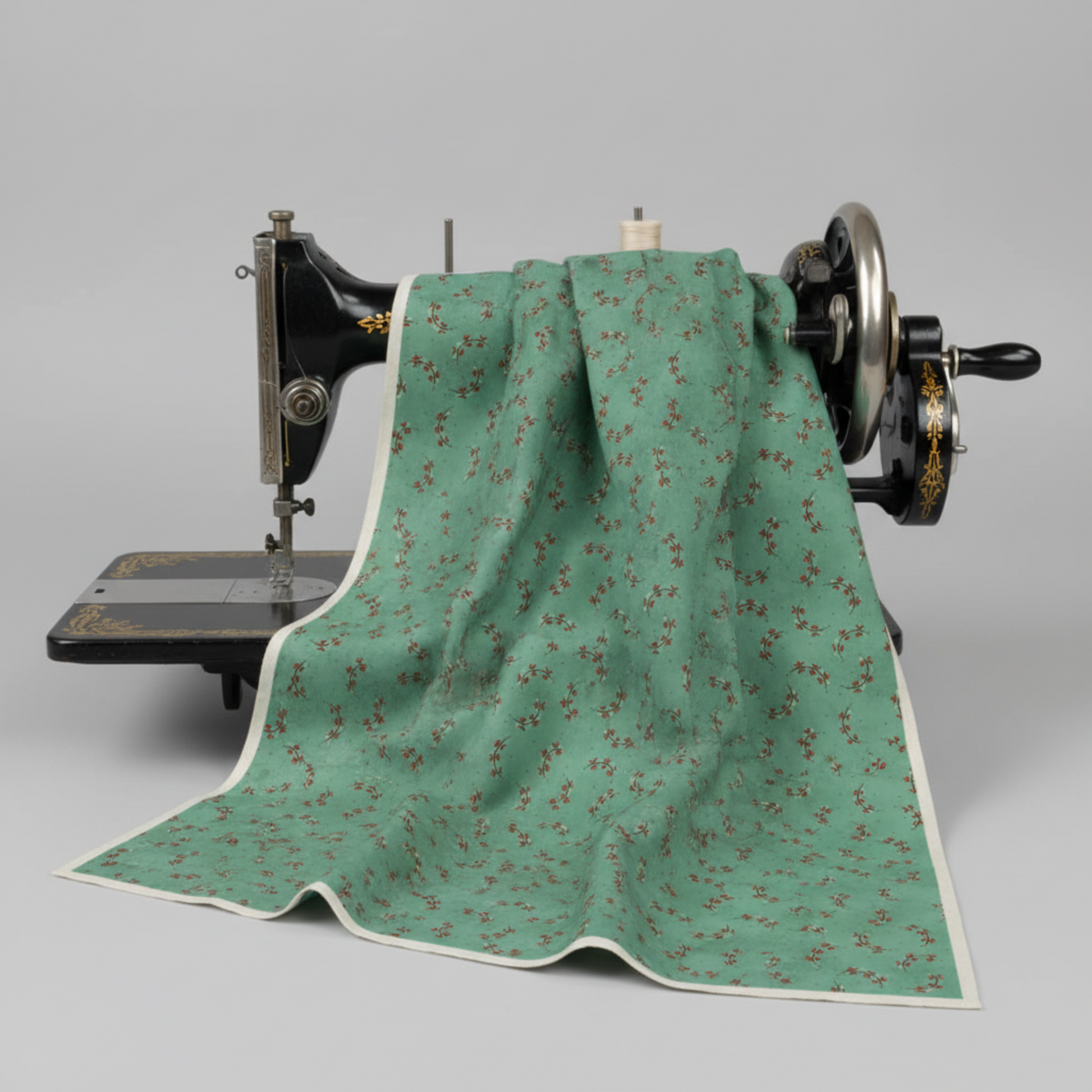 Scraps of Kindness Turquoise Heart Sprays quilting cotton draped over a vintage sewing machine — turquoise with crescent heart spray print, by Kim Diehl for Henry Glass