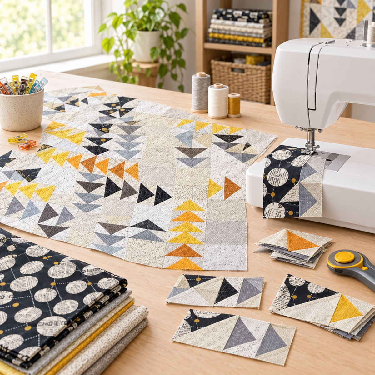 Unfinished Spotted Geese quilt featuring Celestial News Dropping Onyx fabric beside a sewing machine and quilting tools. Quilts shown for inspiration feature the Spotted Geese Quilt Pattern by Zen Chic — all available at IraRobi Quilts.