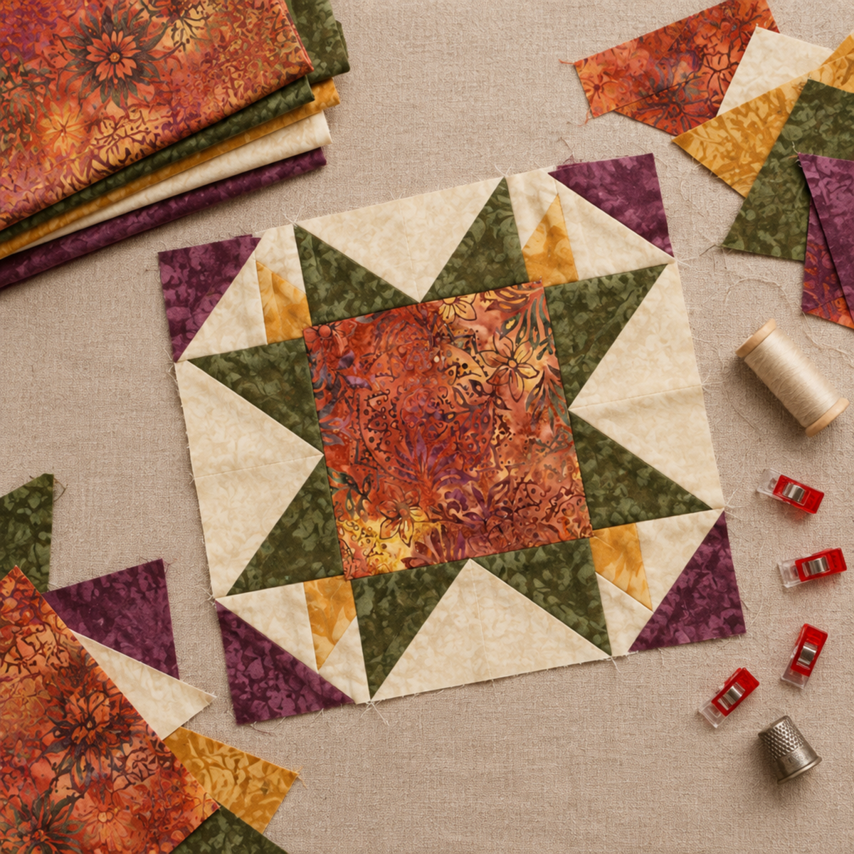 Unfinished traditional star quilt block featuring Windsong Floral Medallions Sienna batik, with cream background pieces, coordinating fabric scraps, thread, clips, and a rotary cutter. Quilt block shown for inspiration. Coordinating fabrics and quilt patterns are available at IraRobi Quilts.