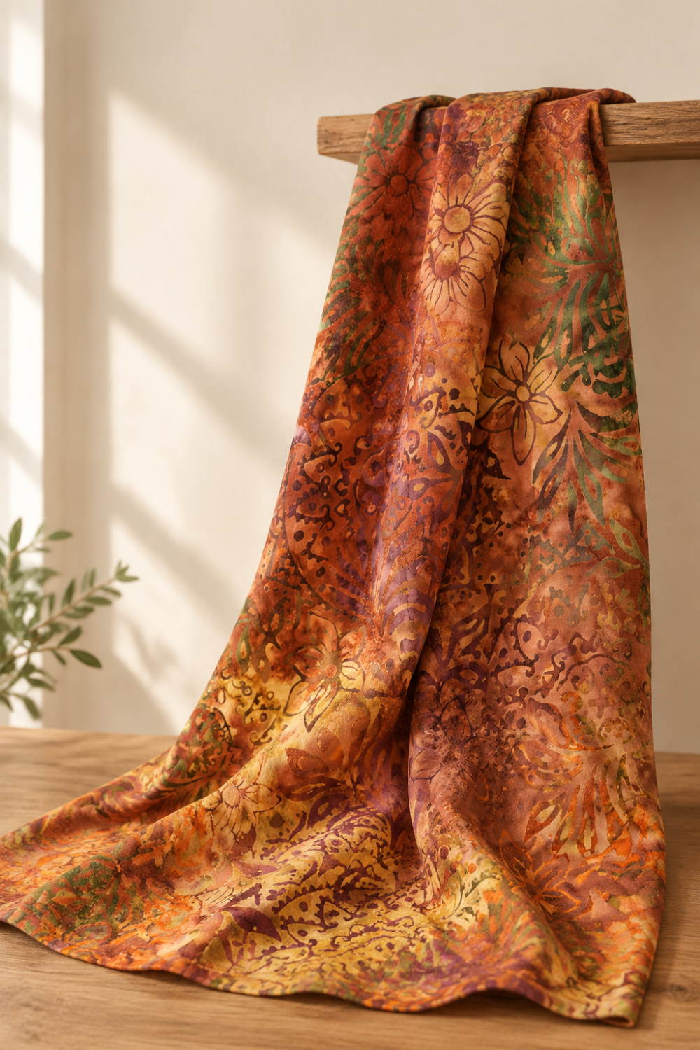 Windsong Tonga Batiks Floral Medallions Sienna fabric draped from a wooden shelf in natural light, showing layered rust, ochre, plum, coral, and olive botanical motifs.