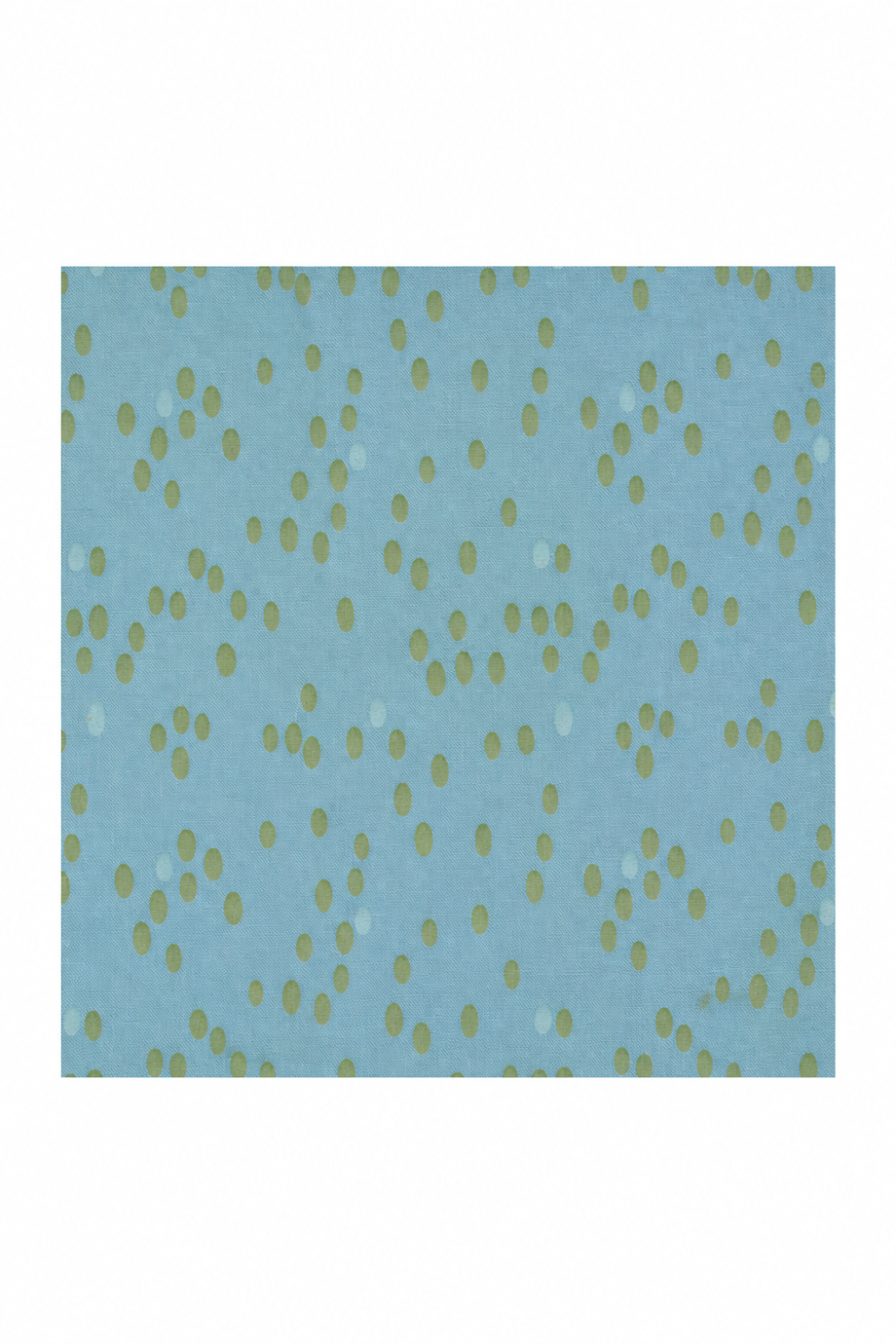 Olive You Dots Glacier Fabric by Zen Chic for Moda Fabrics, with green and pale oval dots on glacier blue, centered on a white background.