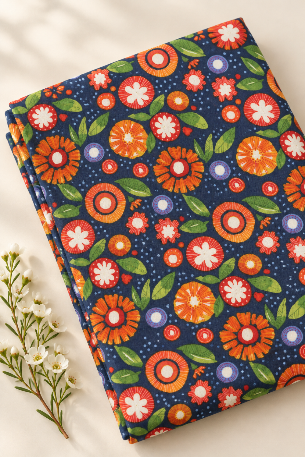 Folded Superbloom Posy Party Indigo fabric by Robin Pickens for Moda Fabrics, arranged diagonally on a cream surface beside white flowers.