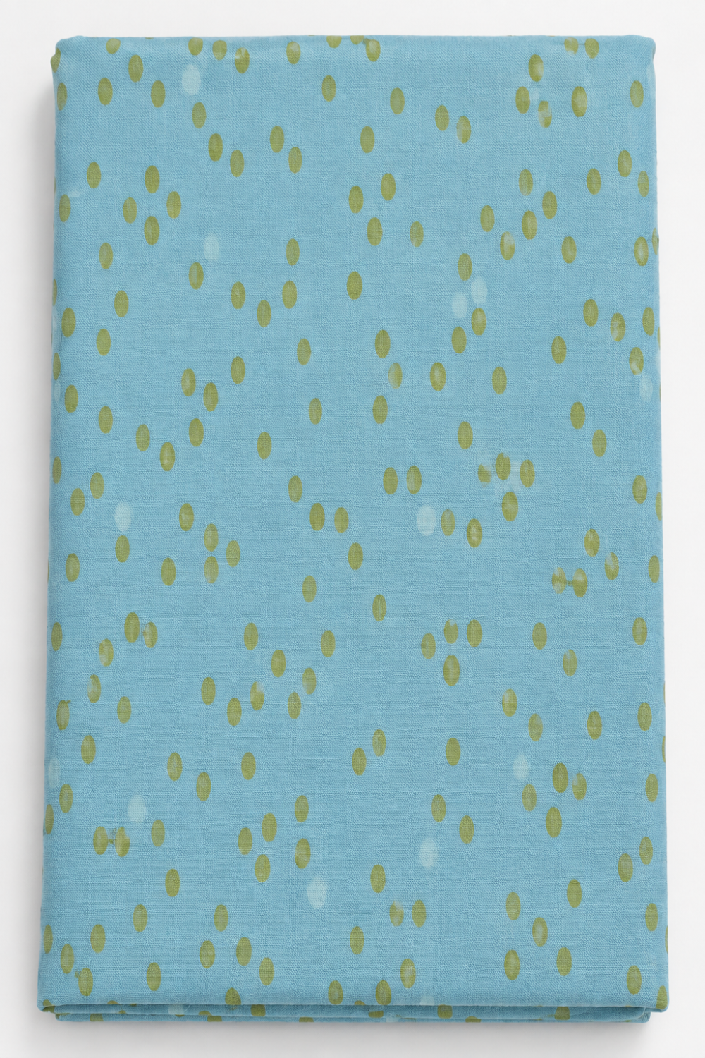 Olive You Dots Glacier Fabric by Zen Chic for Moda Fabrics, folded into a rectangle on a white background, showing green and pale dots on blue.