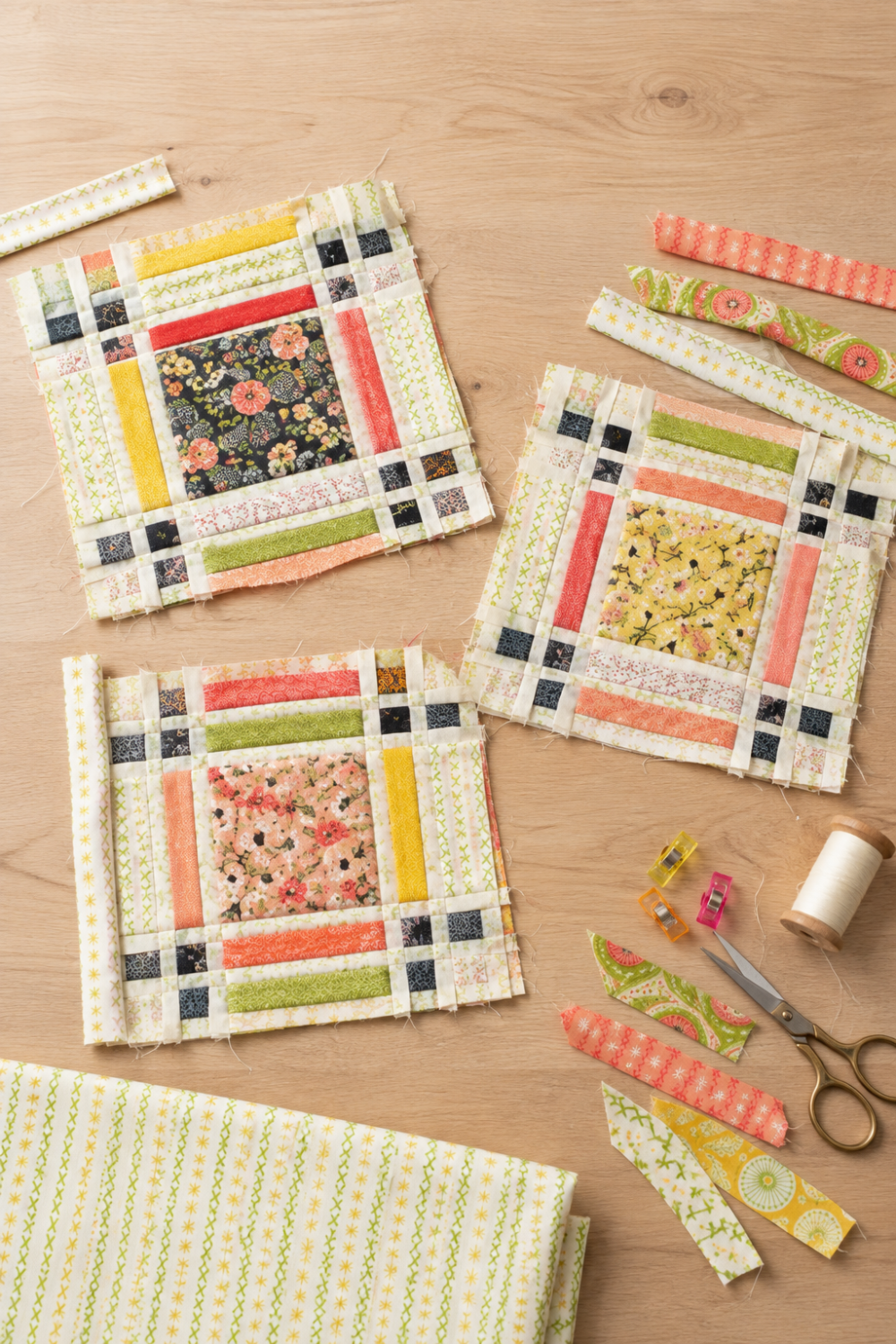 Three unfinished Fringe-inspired quilt blocks on a sewing table with Dandi Duo Cream strips, coordinating scraps, thread, clips, and scissors. The pattern is shown for inspiration and is not included with the fabric.