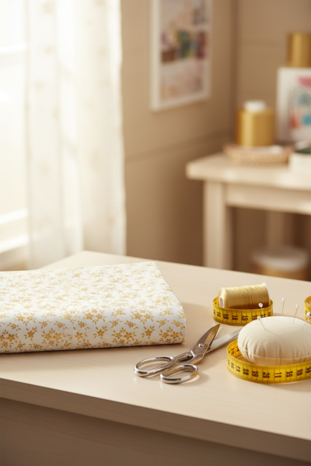 Garden of Dreams II Gold Buds fabric with gold thread, fabric shears, measuring tape, and an ivory pincushion in a sewing workspace