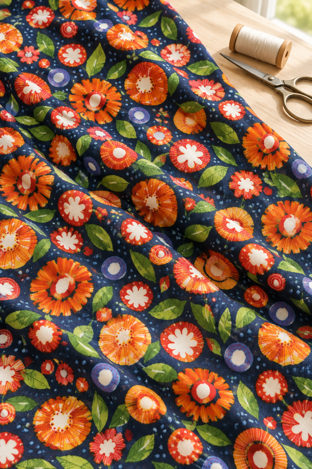 Superbloom Posy Party Indigo fabric by Robin Pickens for Moda Fabrics, draped in soft folds on a wooden table beside scissors and cream thread.