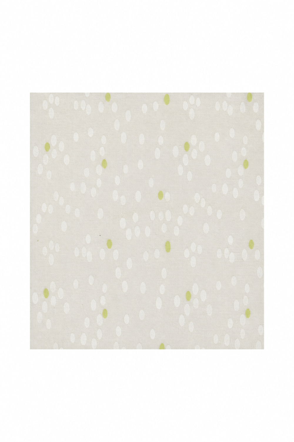 Olive You Dots Fog Fabric by Zen Chic for Moda Fabrics, with white dots and lime-green accents on pale fog gray, centered on a white background.