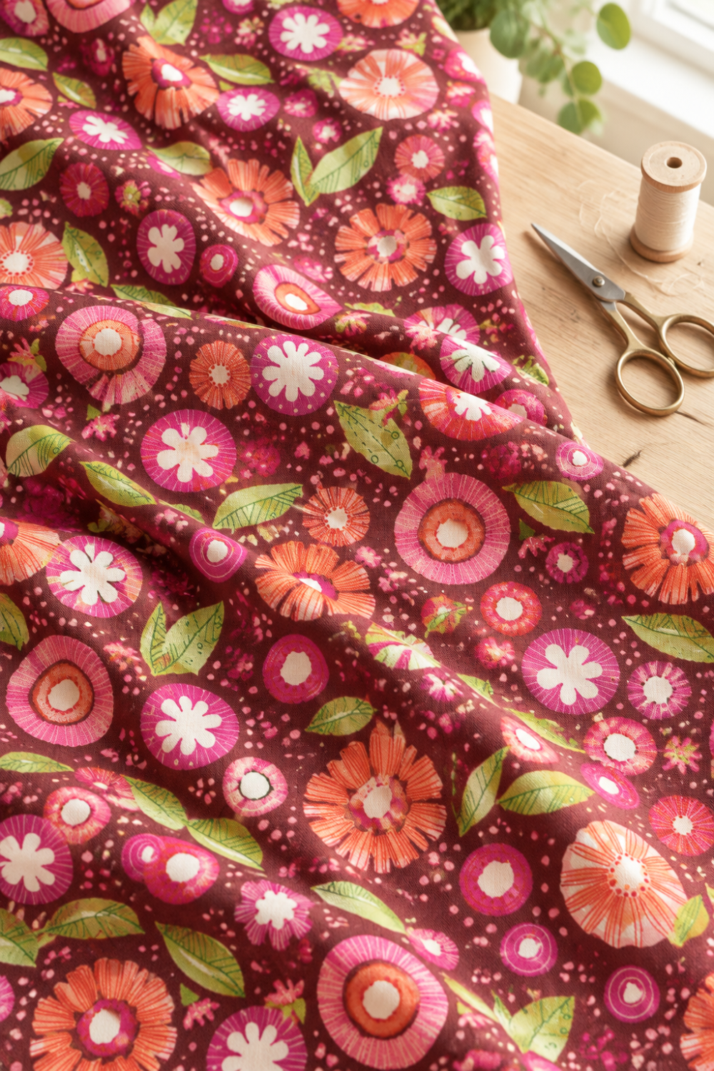 Superbloom Posy Party Zinnia fabric by Robin Pickens for Moda Fabrics, draped across a wooden sewing table beside scissors and a spool of thread.