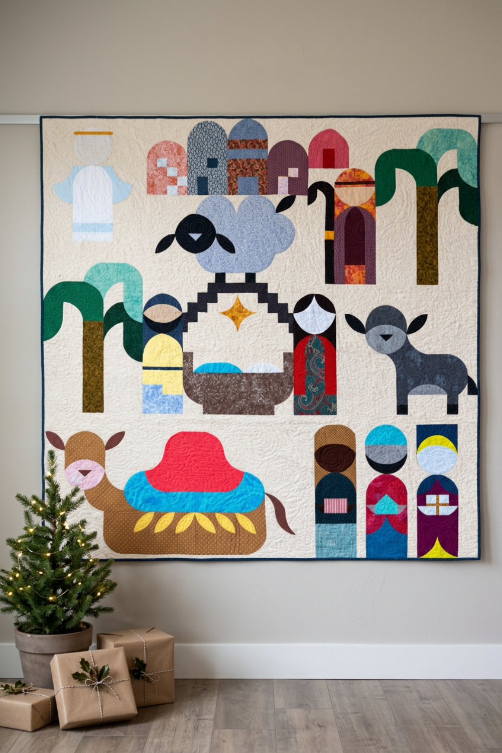 Starry Night nativity quilt hanging on a light wall beside a small illuminated Christmas tree and wrapped gifts.