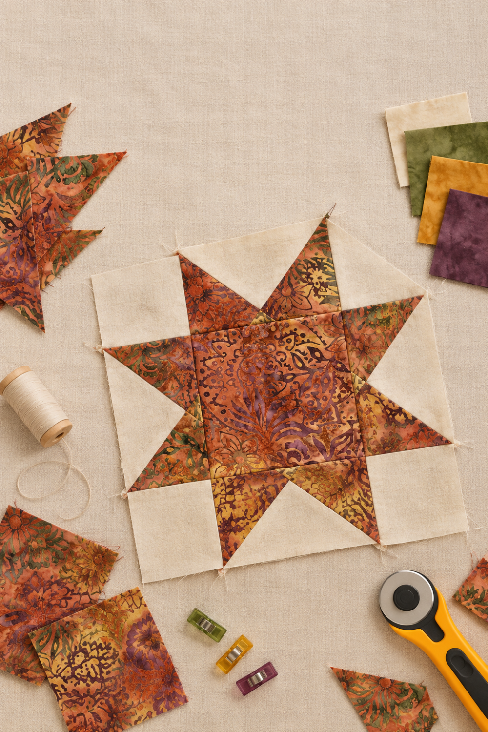 Unfinished traditional star quilt block featuring Windsong Floral Medallions Sienna batik, with cream background pieces, coordinating swatches, thread, clips, and a rotary cutter. Quilt block shown for inspiration. Coordinating fabrics and quilt patterns are available at IraRobi Quilts.