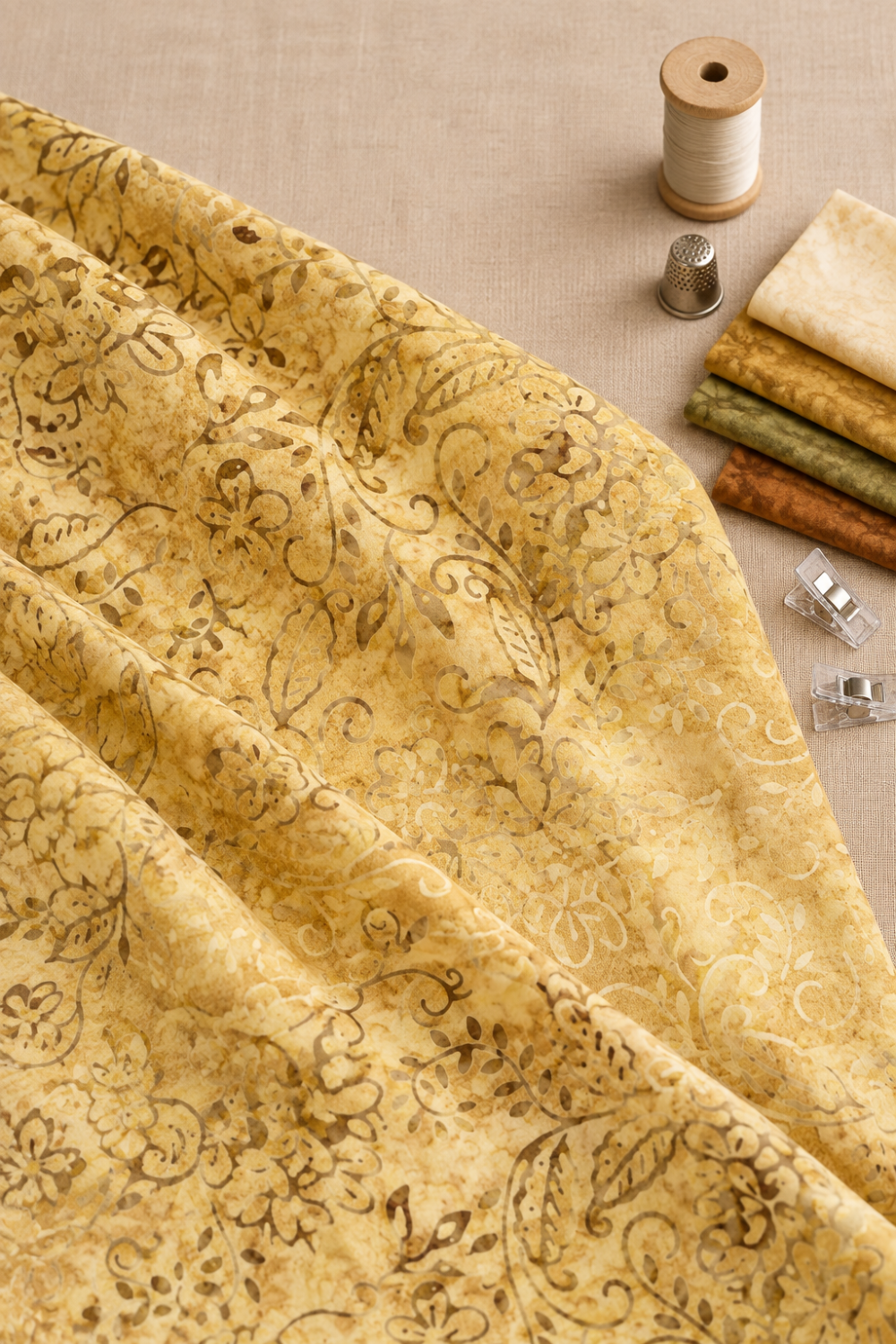 Vertical Pinterest photo of Windsong Viney Floral Fawn batik draped with coordinating cream, ochre, olive, and sienna swatches, thread, clips, and a thimble. ⠋