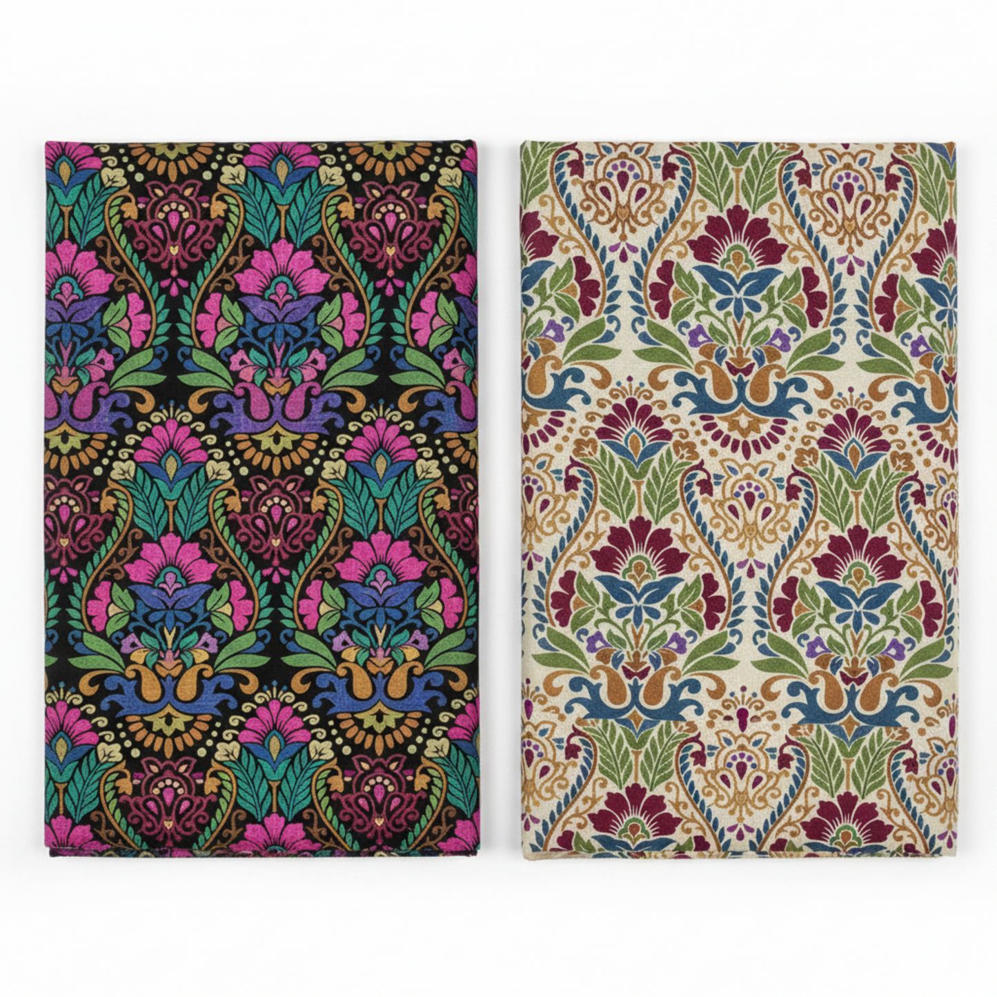 Vivid Brocade quilting cotton fabrics by Jason Yenter for In The Beginning Fabrics showing two colorways side by side – Vivid Brocade Jewel with magenta and purple damask florals on deep black, and Vivid Brocade Spice with crimson and burgundy damask florals on warm cream, same baroque brocade pattern in two colorways, 100% cotton, 3 yard cuts