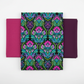 Vivid Brocade Jewel quilting cotton fabric by Jason Yenter for In The Beginning Fabrics shown in a coordinate fan with Interwoven Magenta and Interwoven Plum blenders – dramatic allover baroque brocade with magenta and purple damask florals and teal scrolling leaves on deep black, 100% cotton, 3 yard cut