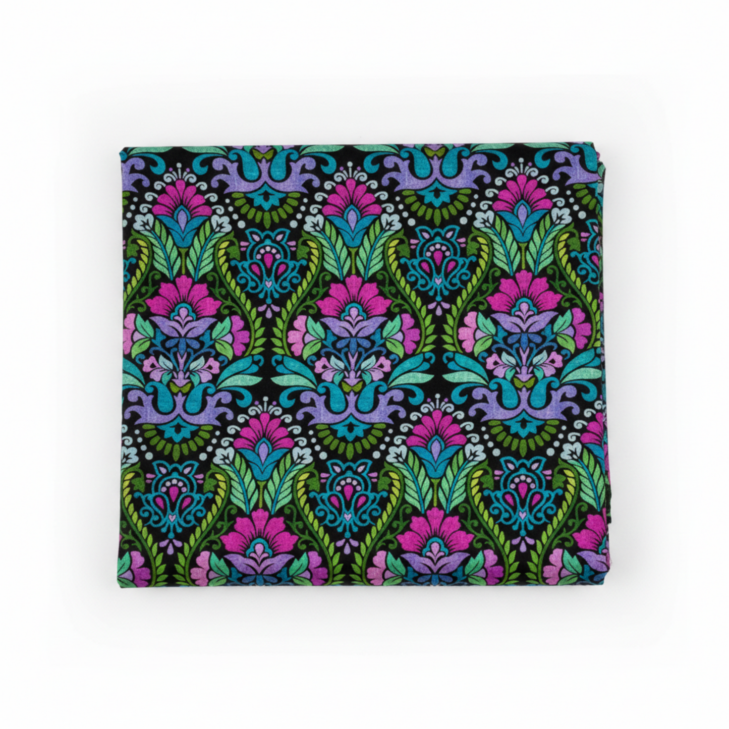 Vivid Brocade Jewel quilting cotton fabric folded to show dramatic allover baroque brocade with large magenta and purple damask florals, teal scrolling leaves, green botanical motifs, and chartreuse accents on deep black by Jason Yenter for In The Beginning Fabrics, 100% cotton, 3 yard cut
