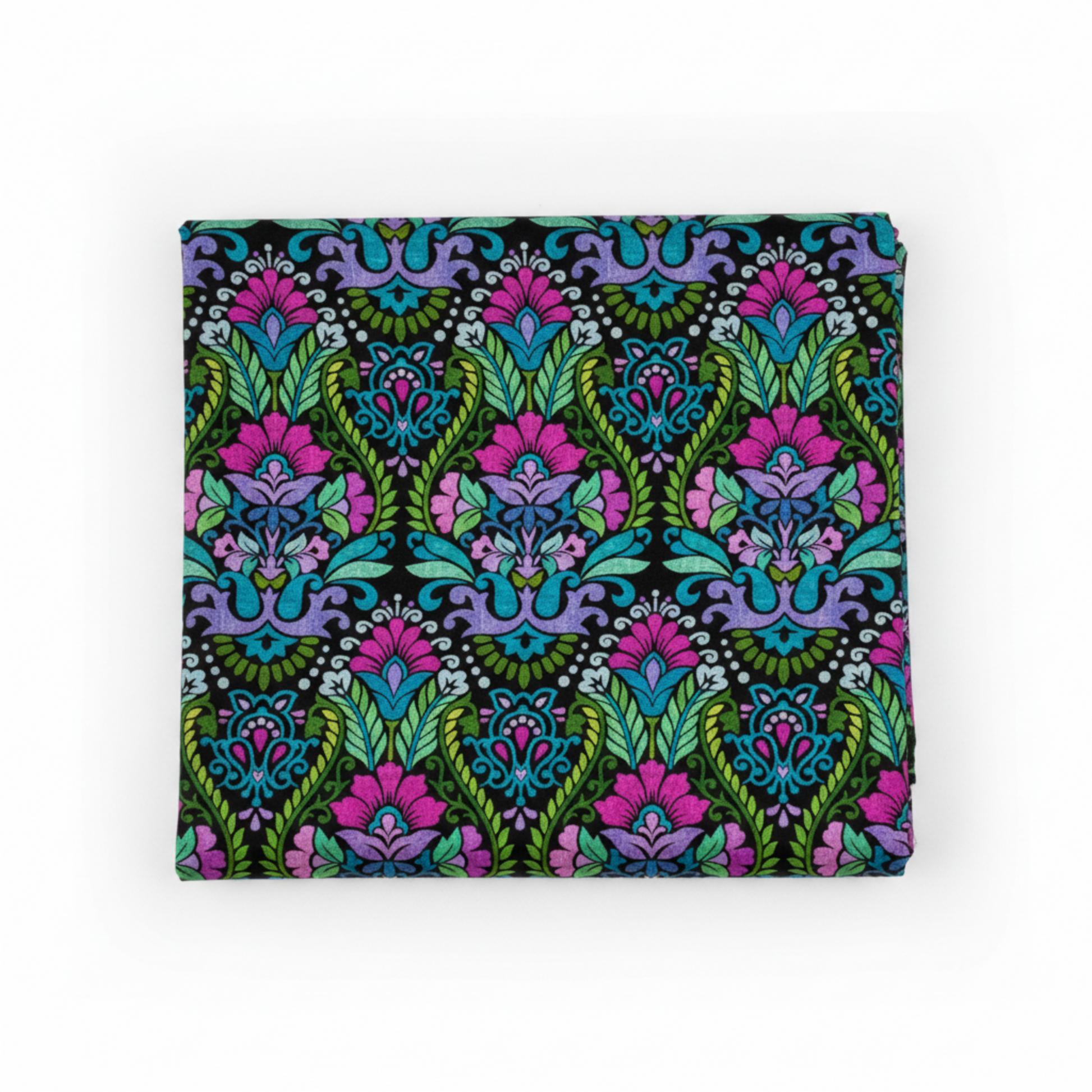 Vivid Brocade Jewel quilting cotton fabric folded to show dramatic allover baroque brocade with large magenta and purple damask florals, teal scrolling leaves, green botanical motifs, and chartreuse accents on deep black by Jason Yenter for In The Beginning Fabrics, 100% cotton, 3 yard cut