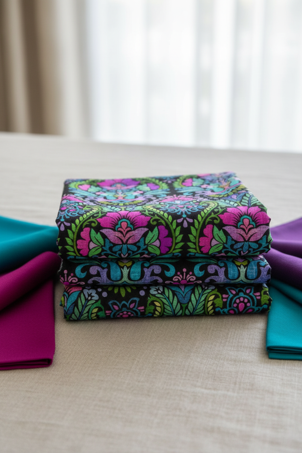 Vivid Brocade Jewel fabric by Jason Yenter for In The Beginning Fabrics folded in a stack on a light linen surface with coordinating jewel-toned magenta, teal, and purple fabrics – dramatic allover baroque brocade with magenta and purple damask florals and teal scrolling leaves on deep black, perfect for jewel-toned and floral quilt projects, 100% cotton, 3 yard cut