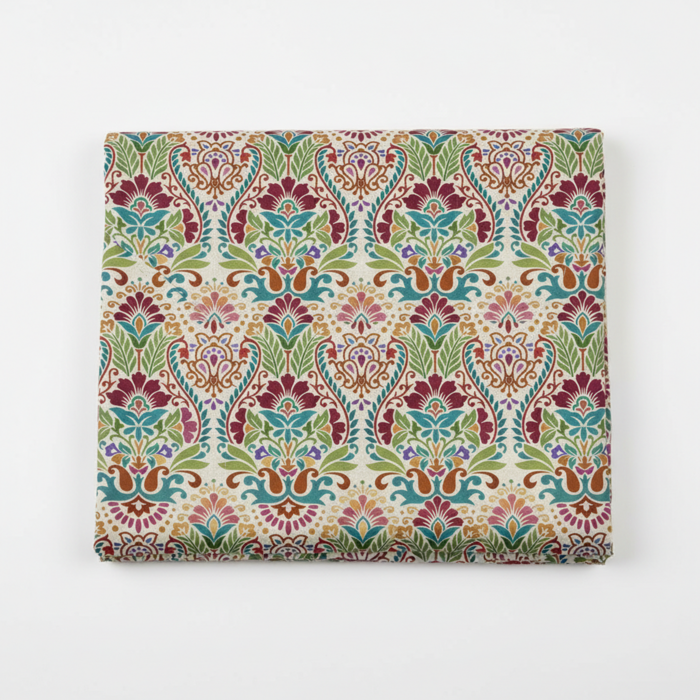 Folded swatch (1:1 — Shopify): Vivid Brocade Spice quilting cotton fabric folded to show dramatic allover baroque brocade with deep crimson and burgundy damask florals, teal scrolling leaves, olive green botanicals, and gold and amber accents on warm cream and ivory by Jason Yenter for In The Beginning Fabrics, 100% cotton, 3 yard cut