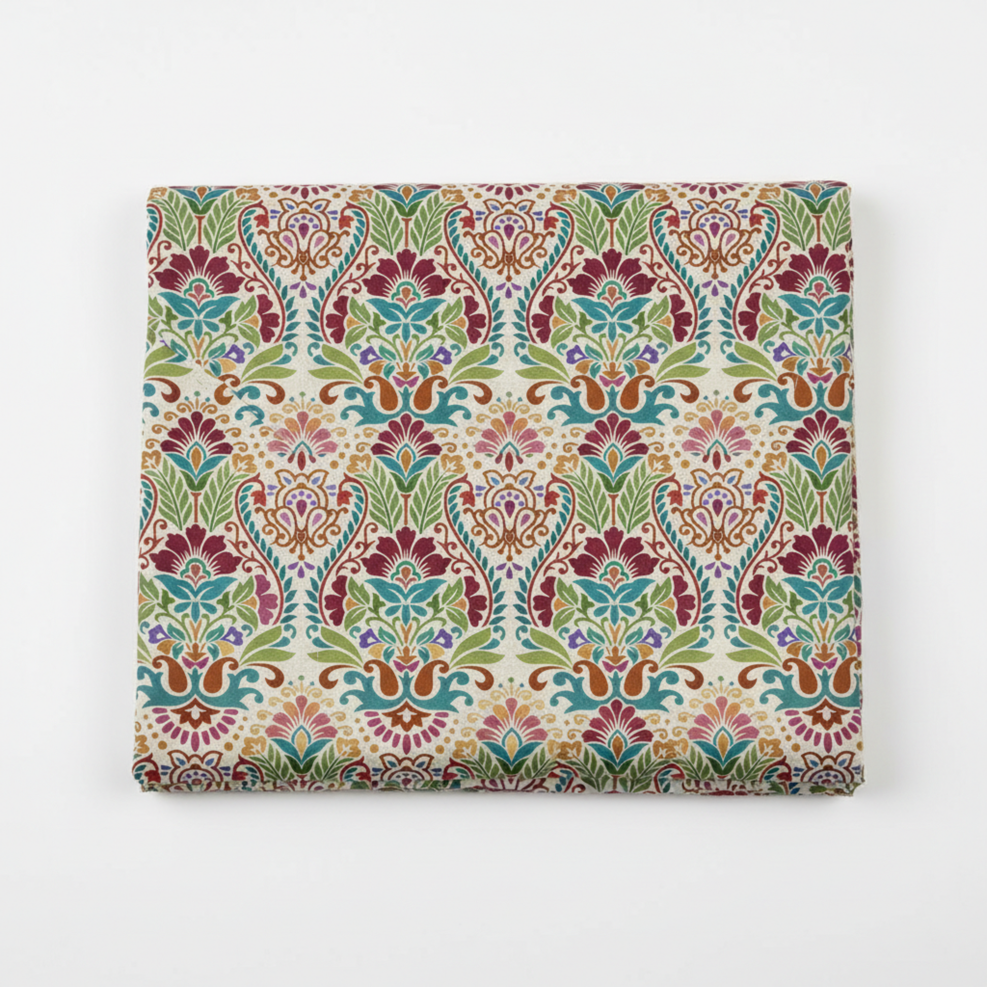 Folded swatch (1:1 — Shopify): Vivid Brocade Spice quilting cotton fabric folded to show dramatic allover baroque brocade with deep crimson and burgundy damask florals, teal scrolling leaves, olive green botanicals, and gold and amber accents on warm cream and ivory by Jason Yenter for In The Beginning Fabrics, 100% cotton, 3 yard cut