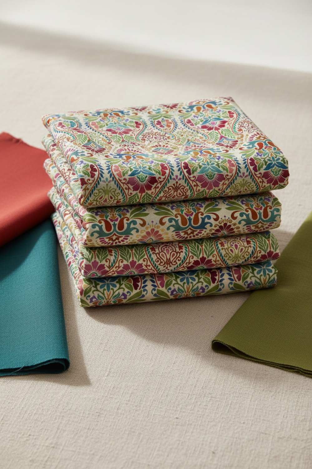 Vivid Brocade Spice fabric by Jason Yenter for In The Beginning Fabrics folded in a stack on a light linen surface with coordinating warm red, teal, and olive fabrics – dramatic allover baroque brocade with crimson and burgundy damask florals and teal scrolling leaves on warm cream, perfect for warm-toned floral and kaleidoscope quilt projects, 100% cotton, 3 yard cut