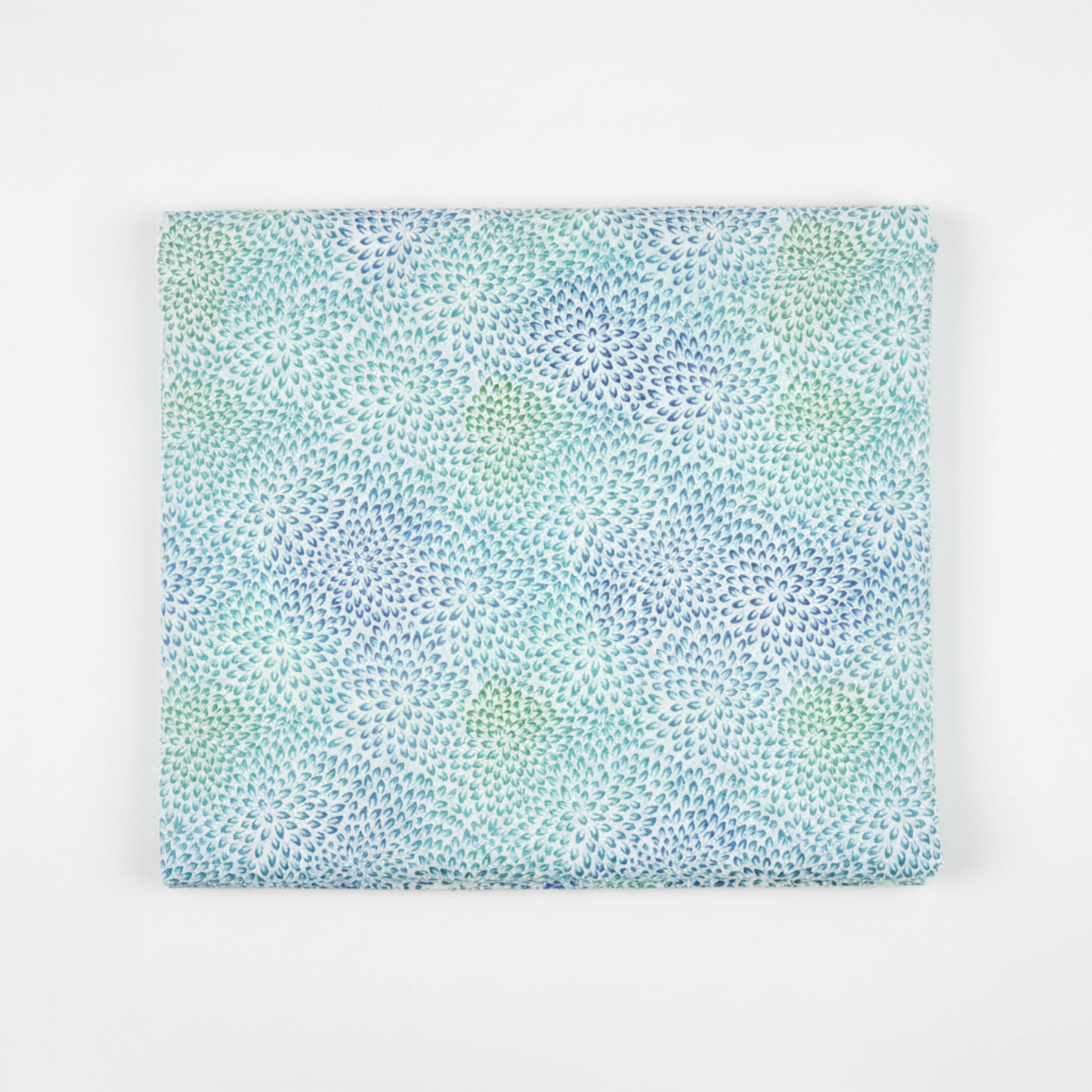 Vivid Mums Jewel Blue quilting cotton fabric folded to show dense allover chrysanthemum burst blender with hundreds of tiny pointed petals radiating in spiraling formations in periwinkle blue, cobalt, teal, aqua, and sage green on very light pale blue and silver by Jason Yenter for In The Beginning Fabrics, 100% cotton, 3 yard cut