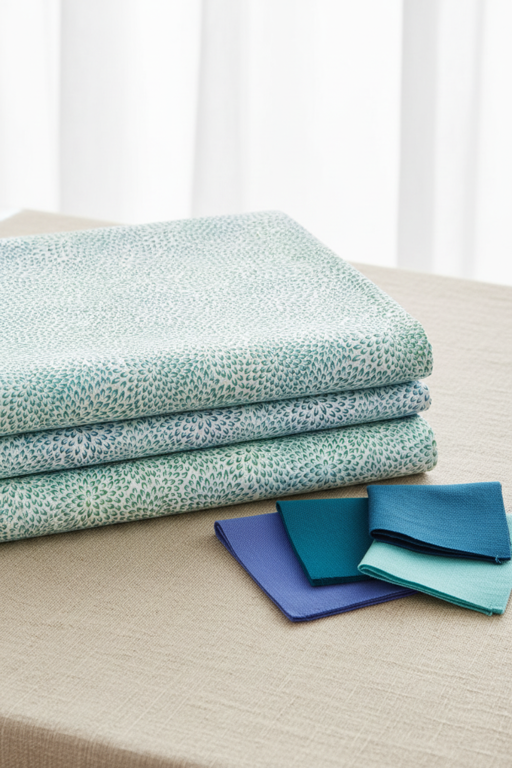 Vivid Mums Jewel Blue fabric by Jason Yenter for In The Beginning Fabrics folded in a stack on a light linen surface with coordinating periwinkle, teal, and aqua fabrics – dense allover chrysanthemum burst blender with tiny pointed petals in periwinkle blue, cobalt, teal, and aqua on very light pale blue and silver, perfect for jewel-toned and blue quilt projects, 100% cotton, 3 yard cut