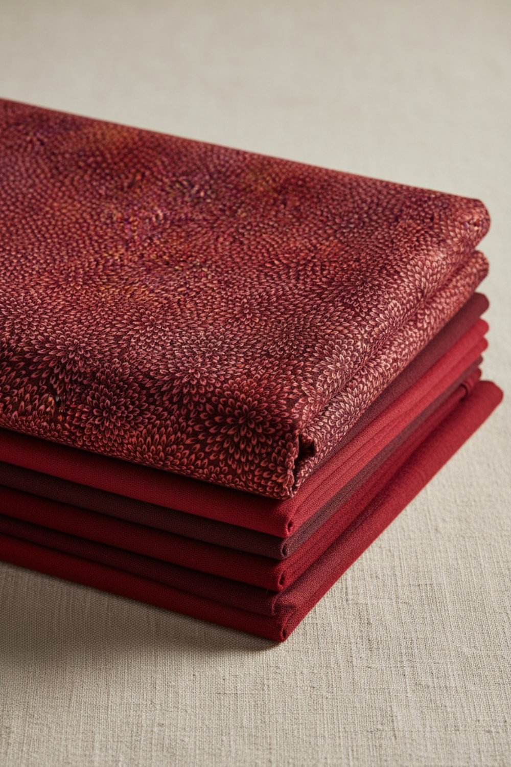 Vivid Mums Spice Red fabric by Jason Yenter for In The Beginning Fabrics folded in a stack on a light linen surface with coordinating deep red, burgundy, and plum fabrics – dense allover chrysanthemum burst blender with tiny pointed petals in deep crimson, red, coral-orange, and gold on dark burgundy, perfect for warm-toned and jewel-toned quilt projects, 100% cotton, 3 yard cut