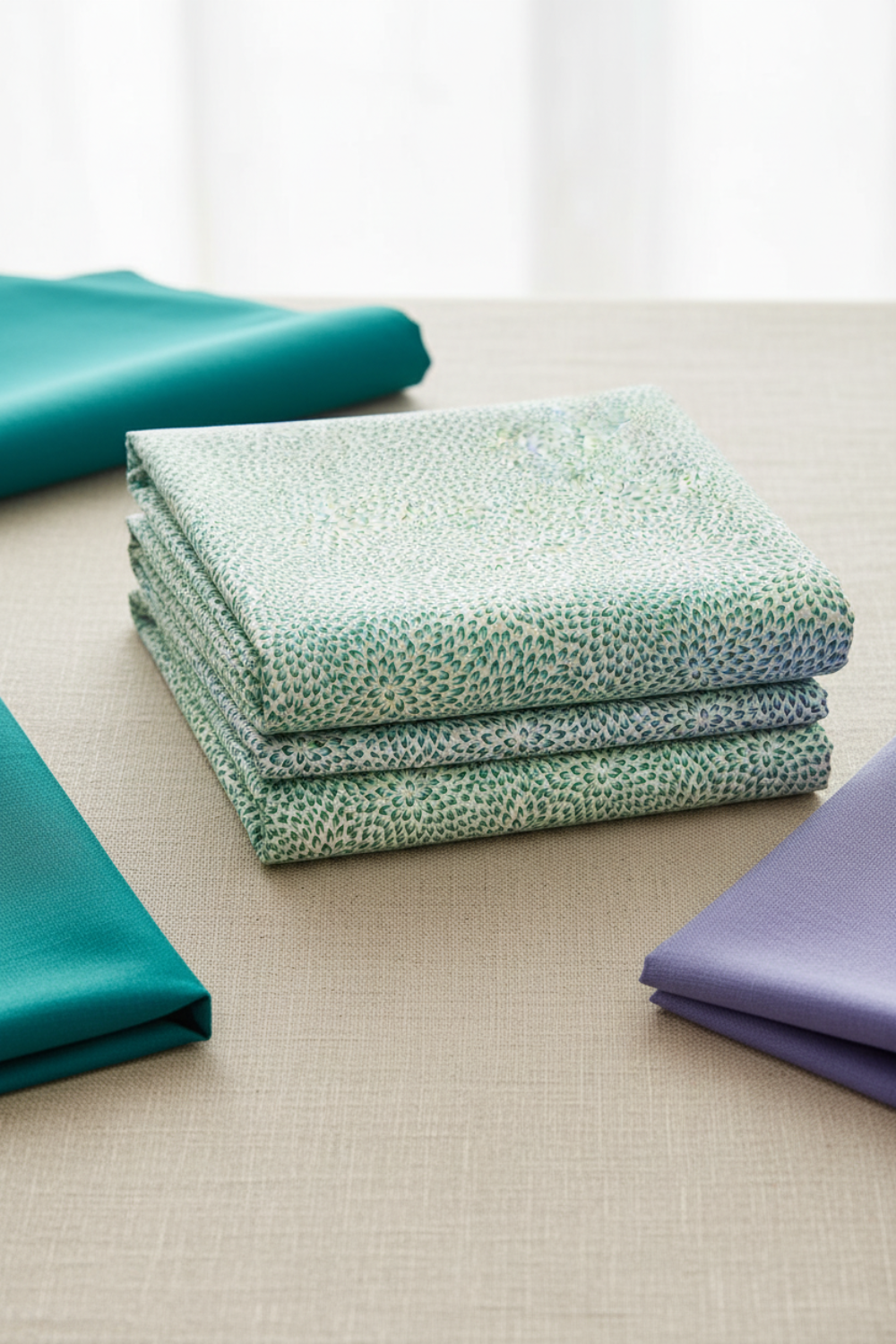 Vivid Mums Spice Teal fabric by Jason Yenter for In The Beginning Fabrics folded in a stack on a light linen surface with coordinating teal, emerald, and periwinkle fabrics – dense allover chrysanthemum burst blender with tiny pointed petals in teal, emerald, and sage on light cream and silver-grey, perfect for teal and jewel-toned quilt projects, 100% cotton, 3 yard cut