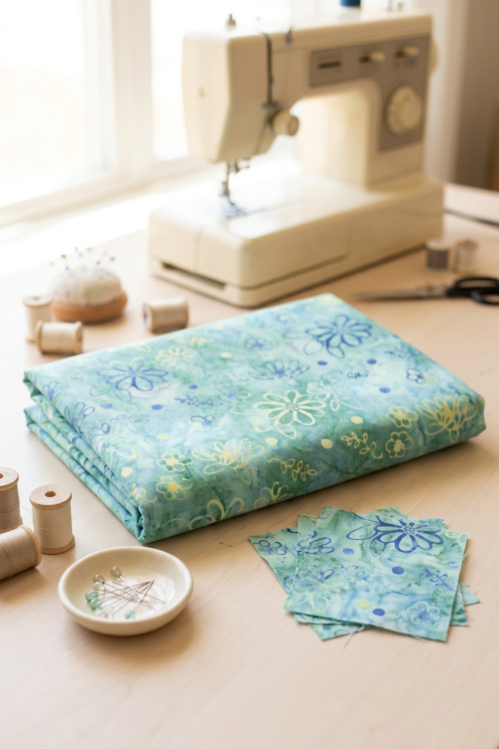 Folded Watercolor Daisies Caribbean Shale batik fabric by Beverly McCullough for Riley Blake Designs on a sunlit sewing table with matching fabric squares, thread spools, pins, and a sewing machine.