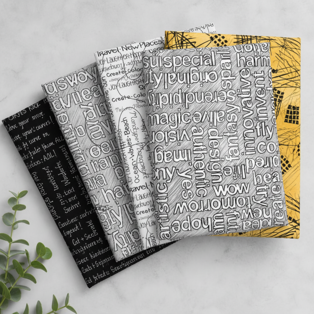 Writing on the Wall Well Worded White fabric on top of coordinating FreeSpirit fabrics stack — black script, white word print, and golden yellow prints