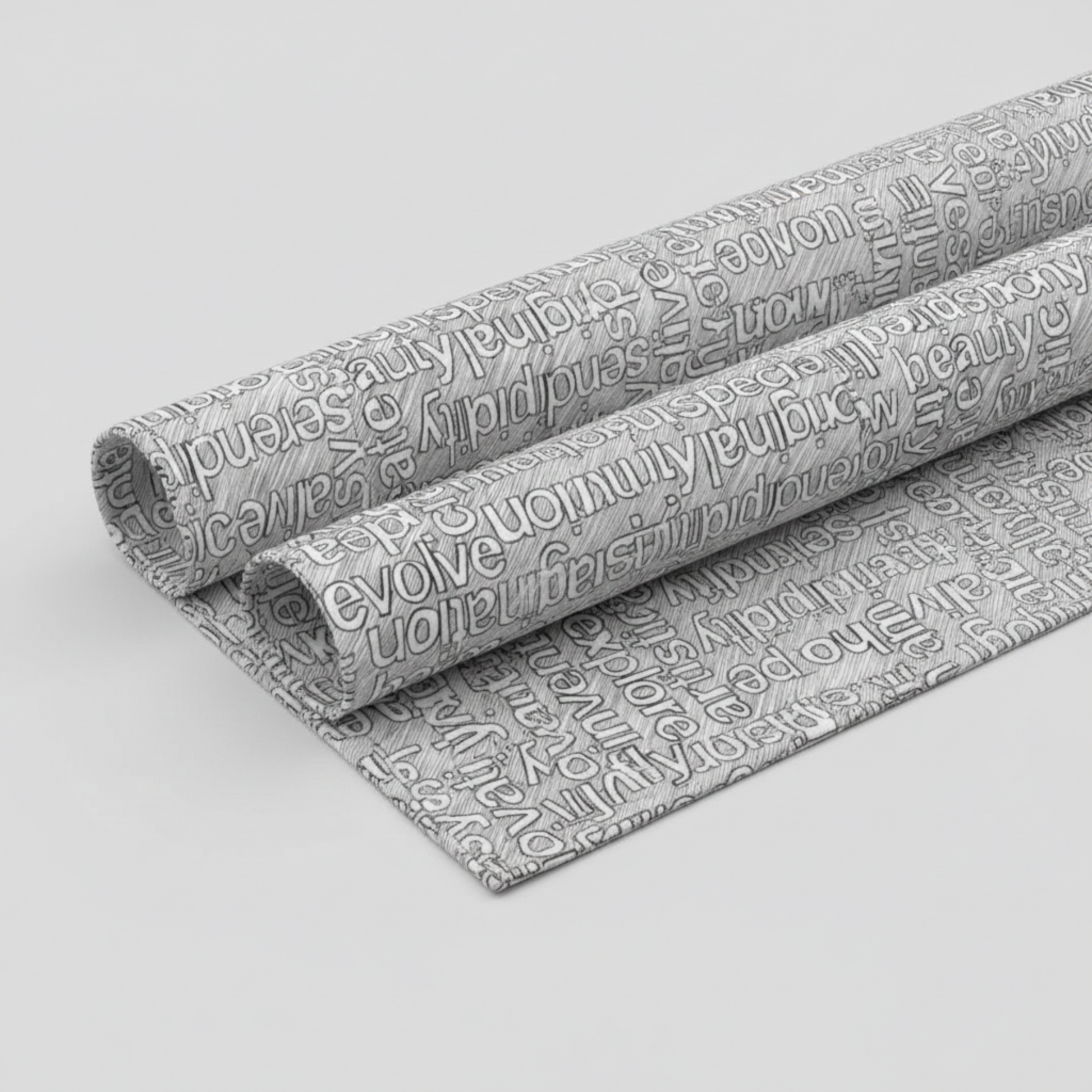 Writing on the Wall Well Worded White fabric in diagonal sweep fold — grey word art quilting cotton by FreeSpirit Fabrics on light grey background