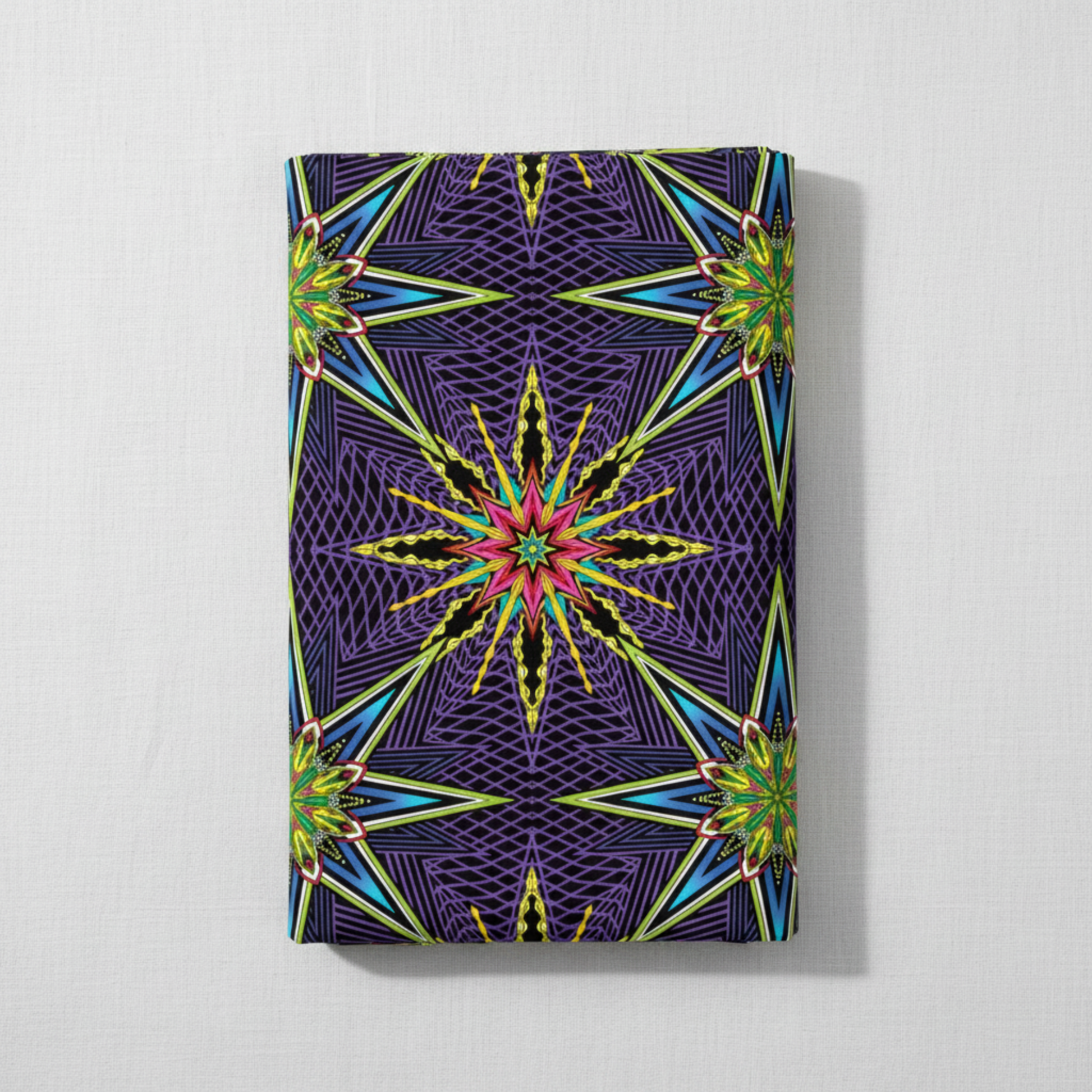 What If Radio Star Purple/Multi quilting cotton by Paula Nadelstern for Benartex — folded fabric bolt showing electric kaleidoscopic needle-point starbursts in sky blue, chartreuse, magenta, and yellow on deep violet and black crosshatch ground, 100% cotton, 43–44" wide. Quilt blocks shown for inspiration. Coordinating fabrics and quilt patterns are available at IraRobi Quilts.