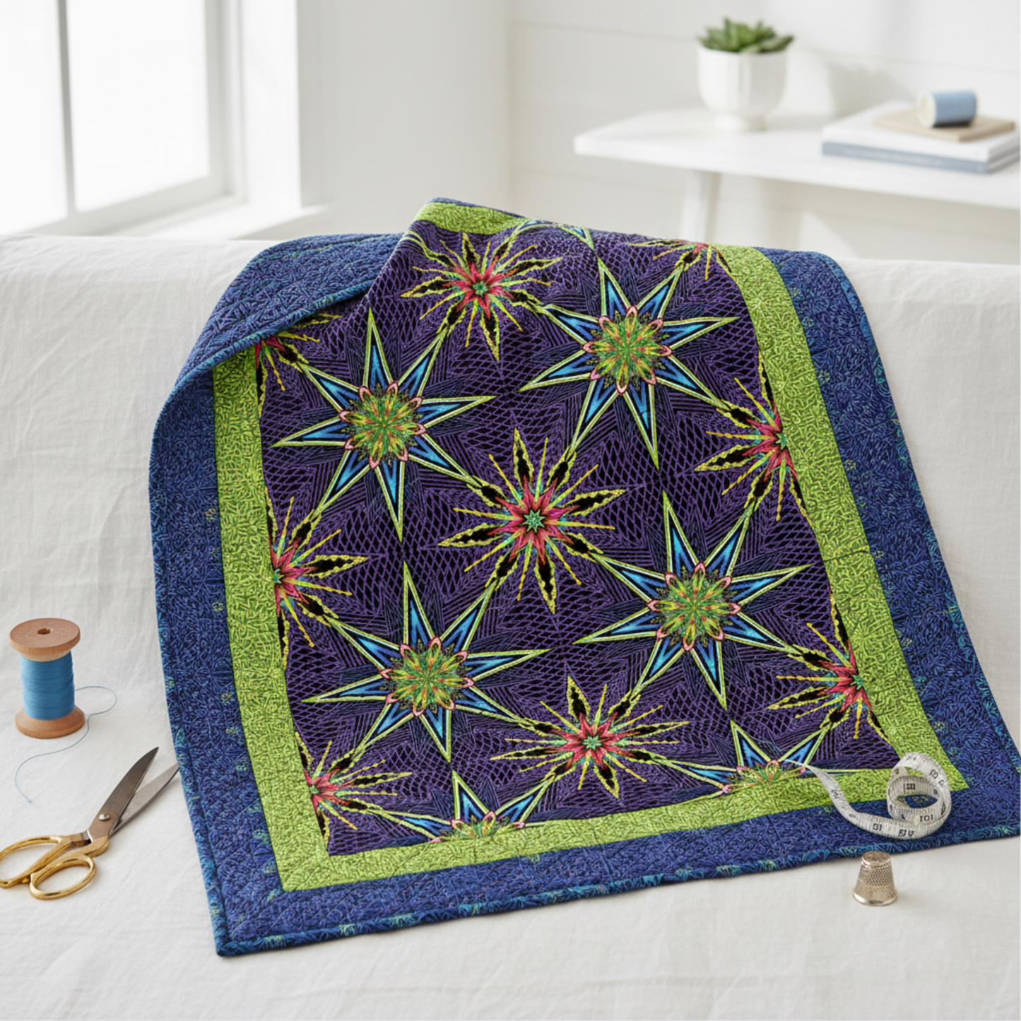 Modern medallion quilt featuring What If Radio Star Purple/Multi fussy-cut star blocks by Paula Nadelstern for Benartex — electric kaleidoscopic starbursts in sky blue, chartreuse, magenta, and yellow on deep violet and black — draped over a white linen sofa. Quilts shown for inspiration. Coordinating fabrics and quilt patterns are available at IraRobi Quilts.