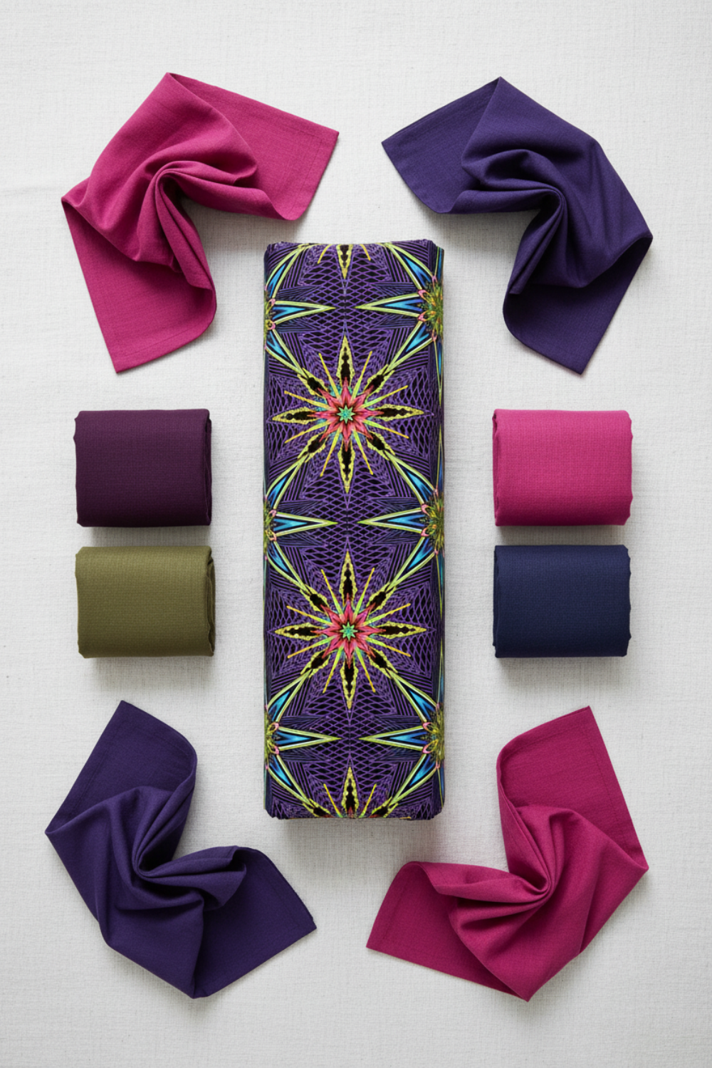 What If Radio Star Purple/Multi quilting cotton by Paula Nadelstern for Benartex shown with coordinating Interwoven blenders in plum, dark purple, blueberry, olive, and pink by Jason Yenter. Quilt blocks shown for inspiration. Coordinating fabrics and quilt patterns are available at IraRobi Quilts.