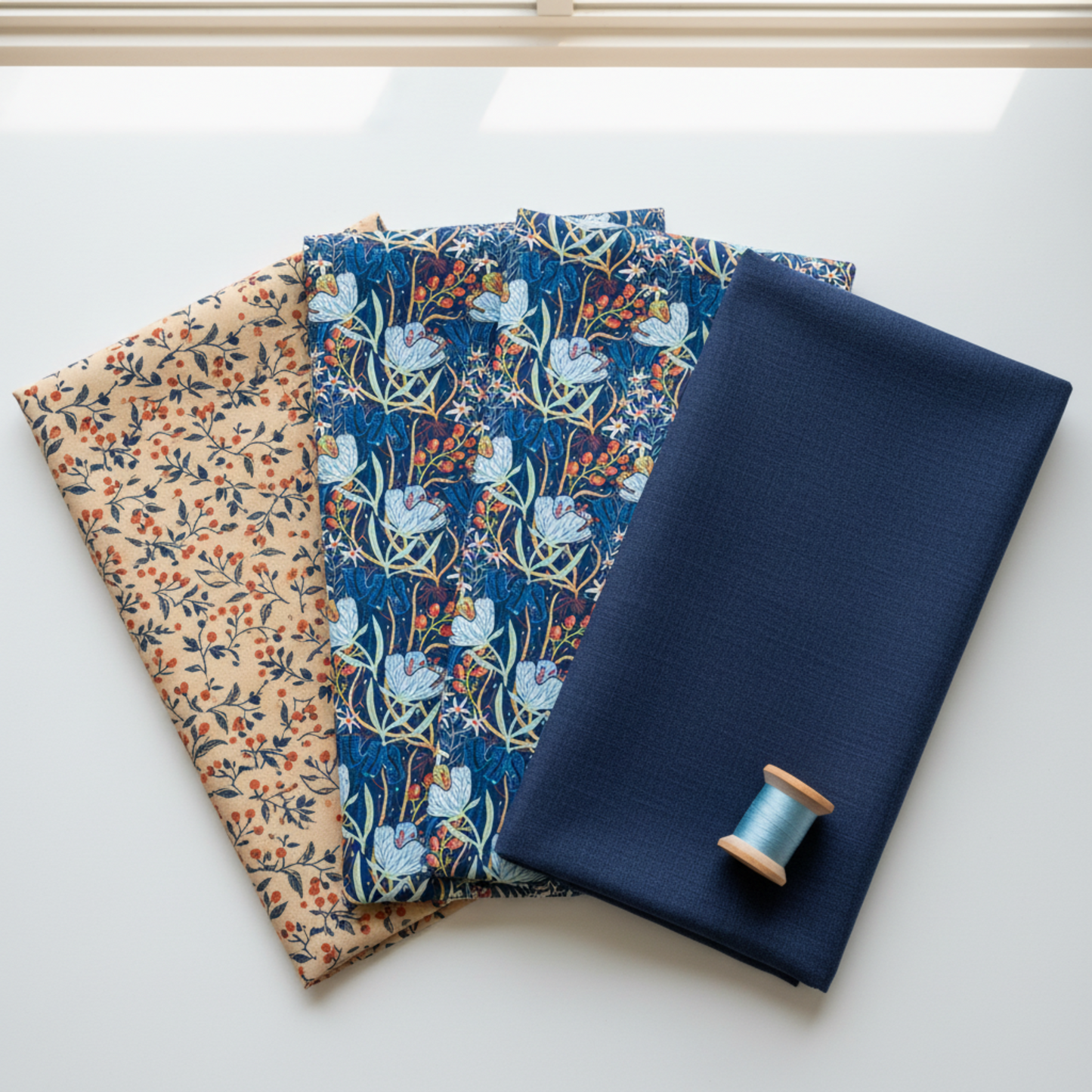 Whimsy Anemones and Berry Pods Blue 3 Yard Cut quilting cotton by Jason Yenter for In The Beginning Fabrics — shown in a coordinate fan with complementary Whimsy collection fabrics in navy and cream botanical prints. Coordinating fabrics and quilt patterns are available at IraRobi Quilts.