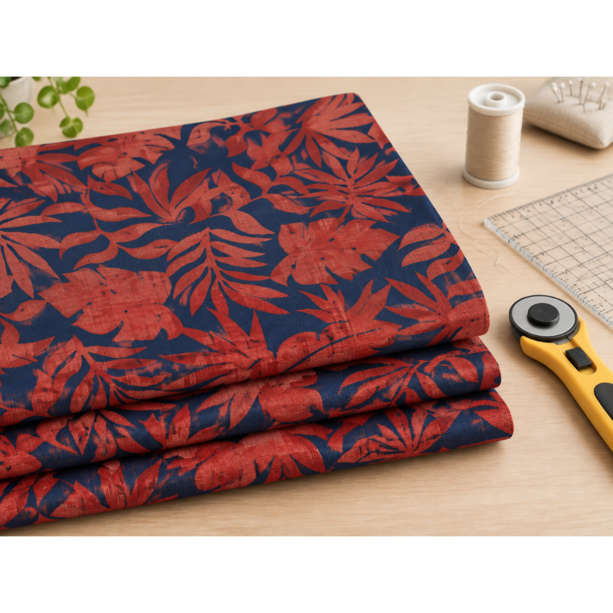 Folded Breezeway Red/Blue Textured Palms fabric on a sewing table beside a rotary cutter, ruler, thread, and pins.