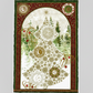 Winter Solstice II Metallic Quilt Panel 36" by Jason Yenter for In The Beginning Fabrics — full panel flat lay showing the arched celestial Christmas tree with gold metallic snowflakes, radiant sun face, crescent moon medallions, red star accents, and watercolor pine forest on pearl white ground, framed by deep green and burgundy celestial borders. Coordinating fabrics and quilt patterns are available at IraRobi Quilts.