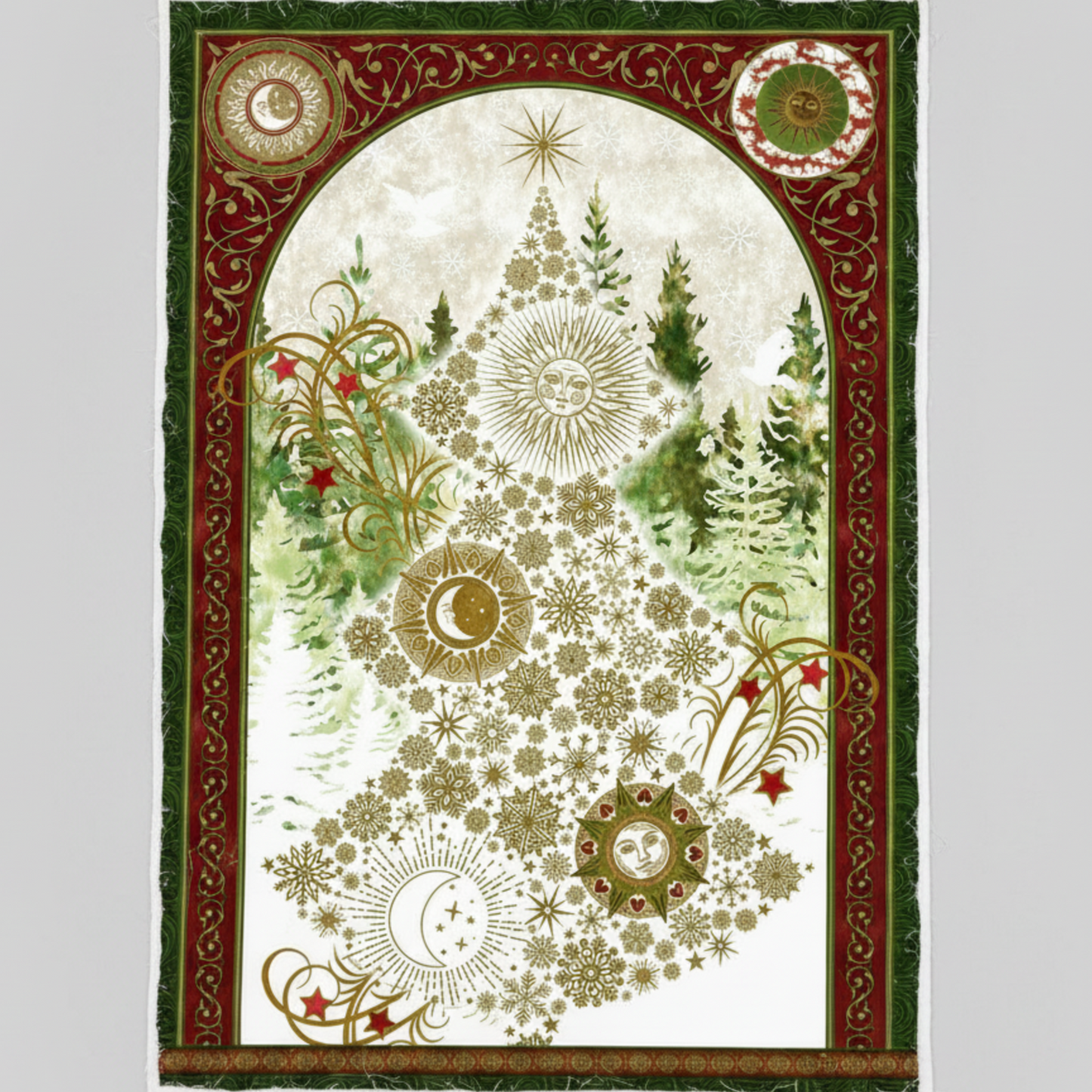 Winter Solstice II Metallic Quilt Panel 36" by Jason Yenter for In The Beginning Fabrics — full panel flat lay showing the arched celestial Christmas tree with gold metallic snowflakes, radiant sun face, crescent moon medallions, red star accents, and watercolor pine forest on pearl white ground, framed by deep green and burgundy celestial borders. Coordinating fabrics and quilt patterns are available at IraRobi Quilts.
