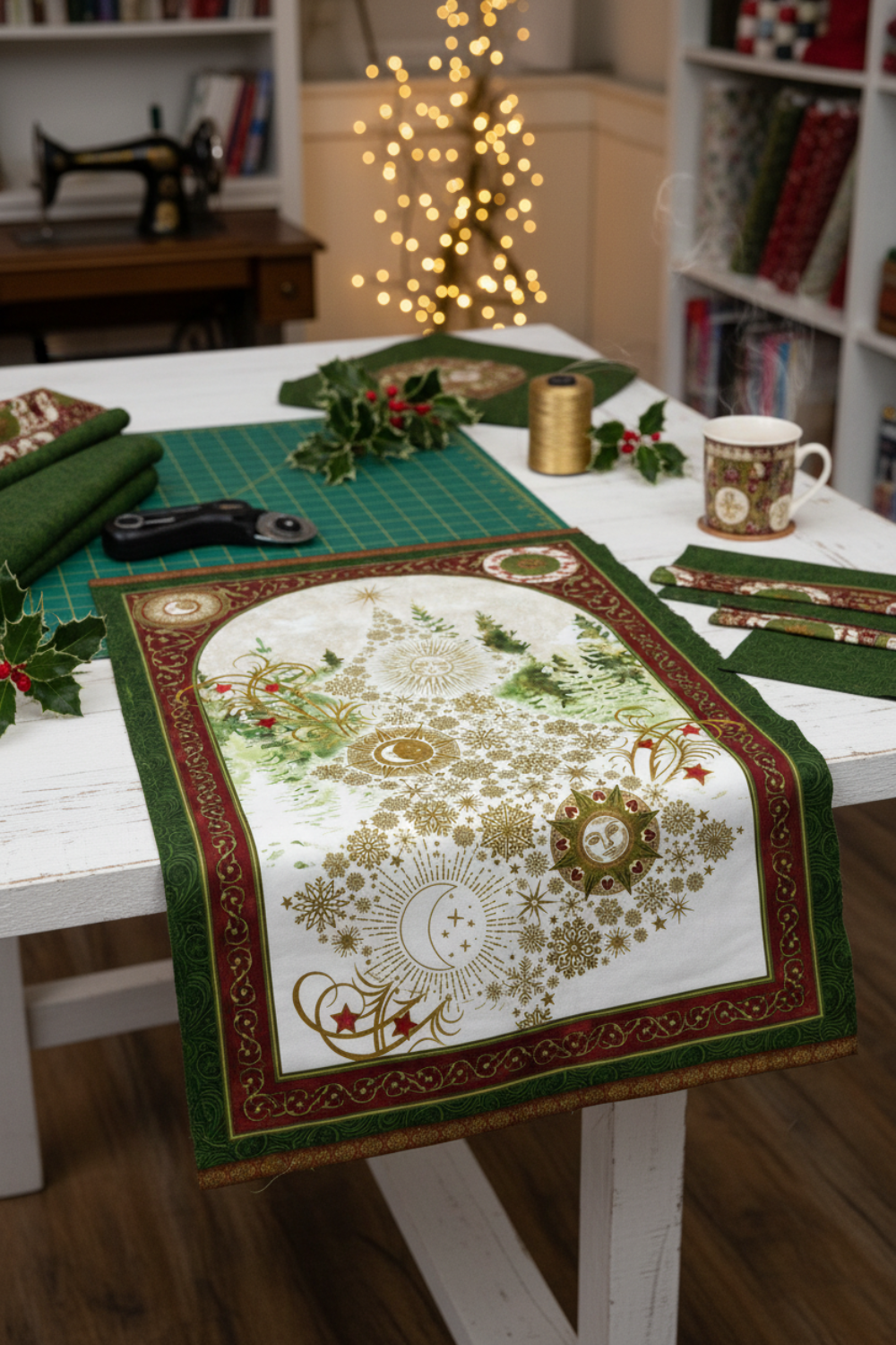 Winter Solstice II Metallic Quilt Panel 36" by Jason Yenter for In The Beginning Fabrics — panel laid flat on a cutting table work in progress in a cozy holiday sewing room with fairy lights, coordinating green and burgundy fabric strips, rotary cutter, gold metallic thread spools, holly sprigs, and a mug of tea. Coordinating fabrics and quilt patterns are available at IraRobi Quilts.