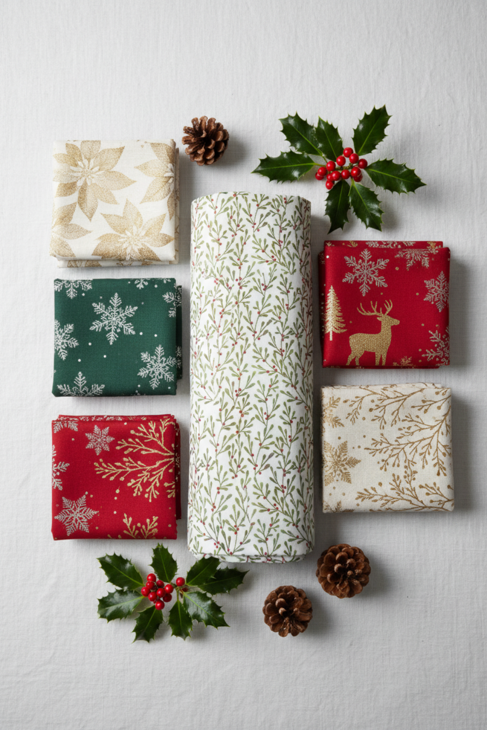 Winter Solstice II White Branches quilting cotton by Jason Yenter for In The Beginning Fabrics shown with coordinating Winter Solstice II prints — cream poinsettia metallic, green snowflakes metallic, multi deer metallic, red snowflakes metallic, and beige twigs metallic. Quilt blocks shown for inspiration. Coordinating fabrics and quilt patterns are available at IraRobi Quilts.