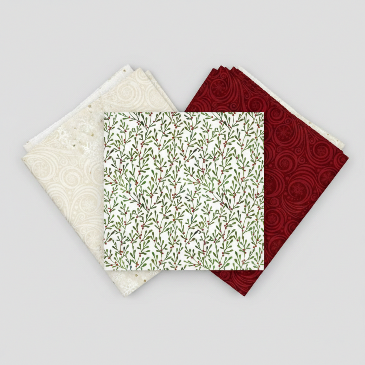 Winter Solstice II White Branches quilting cotton by Jason Yenter for In The Beginning Fabrics shown in a coordination stack with Cream Snowflakes Metallic and Red Snow Swirl from the Winter Solstice II collection. Quilt blocks shown for inspiration. Coordinating fabrics and quilt patterns are available at IraRobi Quilts.